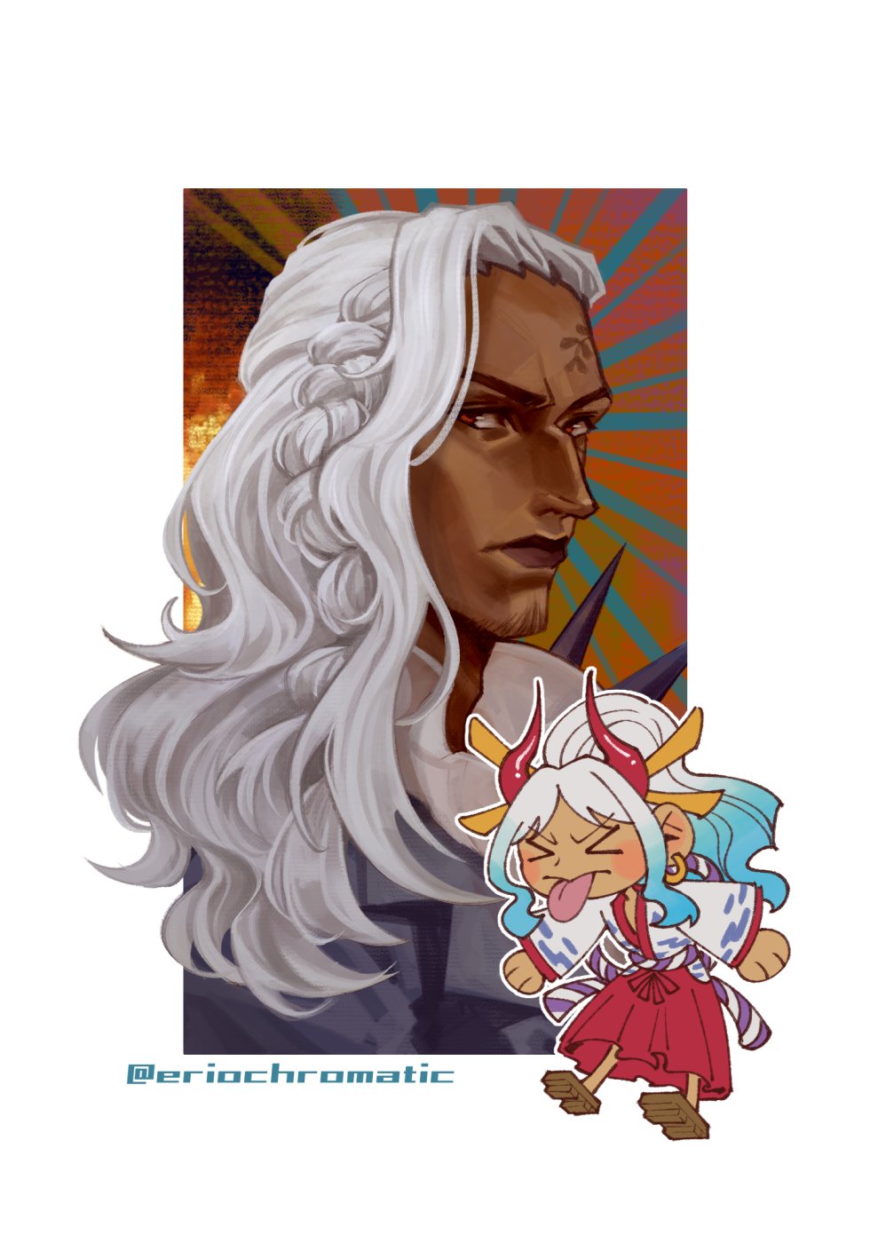 eriochromatic, king (one piece), yamato (one piece), one piece, commentary, english commentary, highres, > <, >p<, 1boy, 1girl, aqua hair, aquiline nose, braid, chibi, closed mouth, facial hair, facial tattoo, geta, goatee, hair ornament, hakama, horns, japanese clothes, long hair, looking at viewer, nose, ponytail, red hakama, red horns, rope, shimenawa, sidelocks, tattoo, twitter username, white hair, wide sleeves