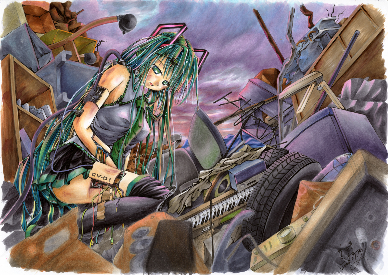 roreru, hatsune miku, vocaloid, traditional media, android, cable, green eyes, green hair, long hair, necktie, skirt, solo, thighhighs, twintails, wire
