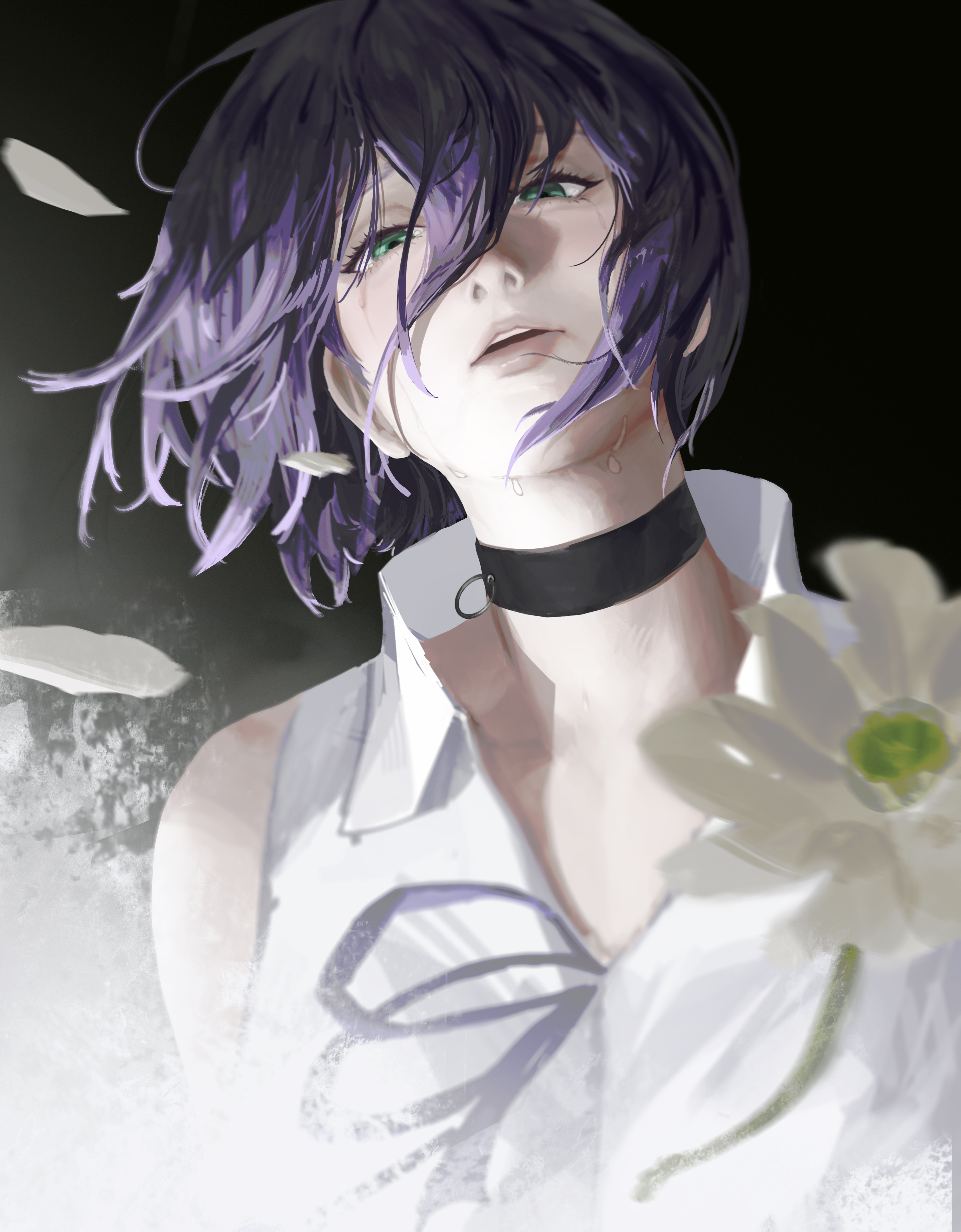 m1key02, reze (chainsaw man), chainsaw man, absurdres, highres, 1girl, black choker, choker, collared shirt, flower, green eyes, grenade pin, hair between eyes, looking at viewer, open mouth, petals, purple hair, shirt, sleeveless, sleeveless shirt, solo, white flower, white shirt