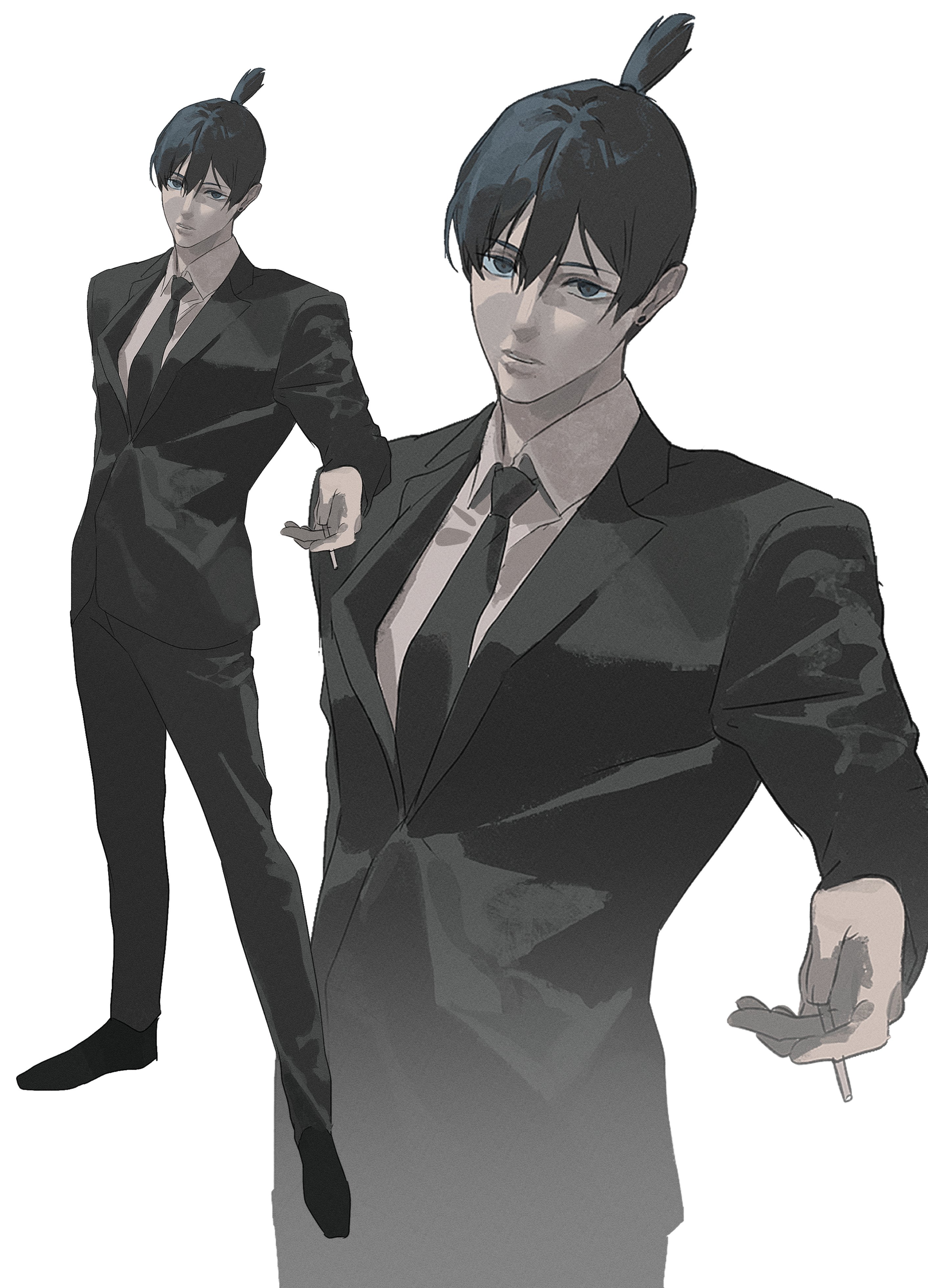 ea ateu, hayakawa aki, chainsaw man, absurdres, highres, 1boy, black hair, black necktie, blue eyes, cigarette, collared shirt, earrings, full body, hair between eyes, holding, holding cigarette, jacket, jewelry, male focus, multiple views, necktie, shirt, short hair, simple background, suit jacket, topknot, white background, white shirt