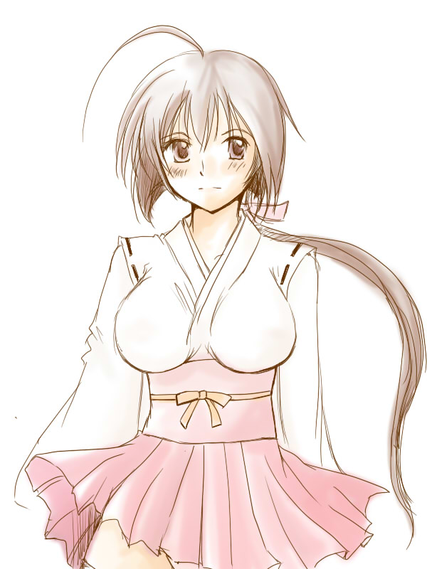 arisaki, musubi, sekirei, 00s, 1girl, ahoge, blush, breasts, brown eyes, brown hair, cowboy shot, female focus, hakama, hakama short skirt, hakama skirt, japanese clothes, kimono, large breasts, looking at viewer, miko, pleated skirt, red hakama, simple background, skirt, smile, solo, standing, white background