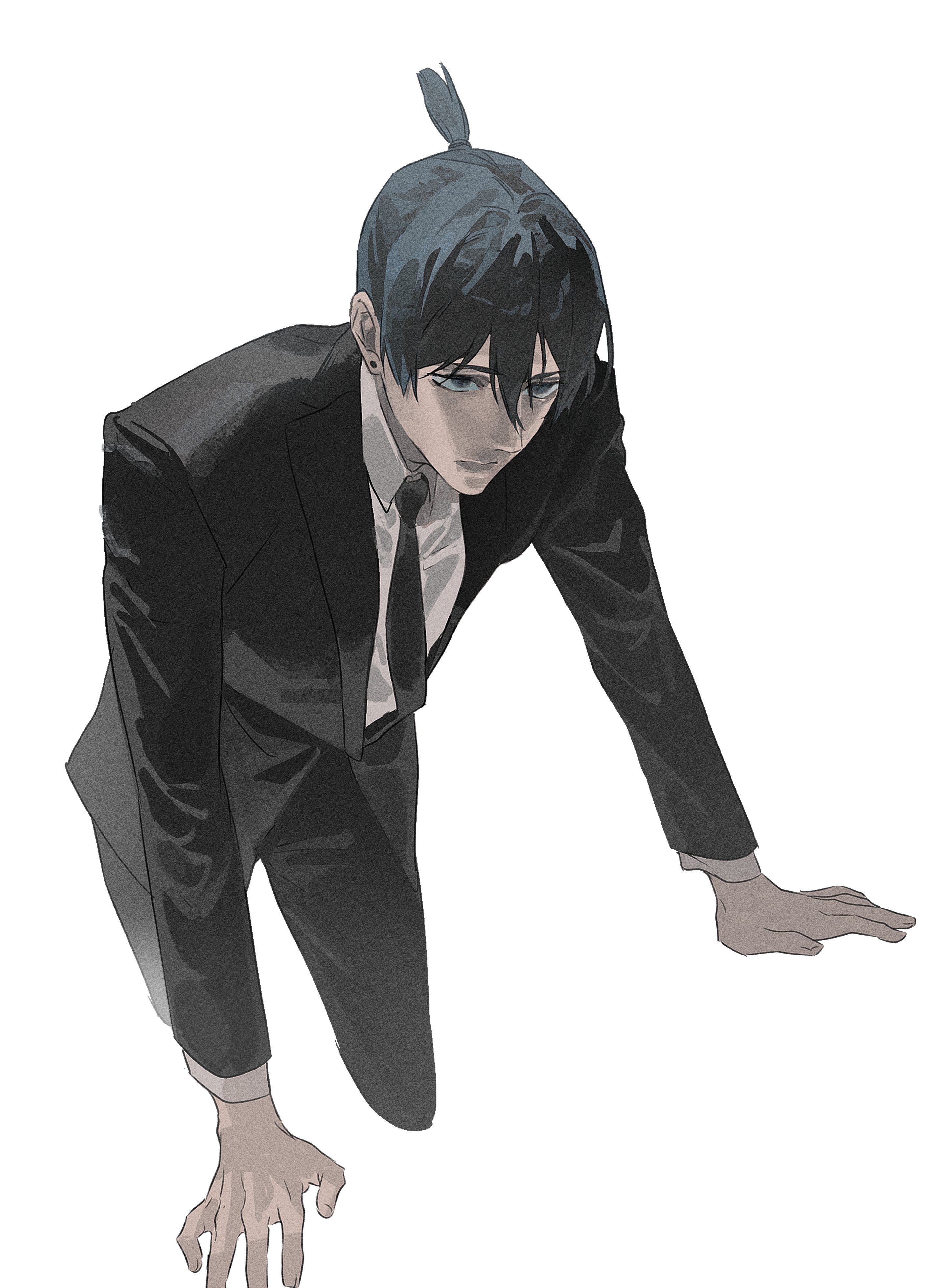 ea ateu, hayakawa aki, chainsaw man, absurdres, highres, 1boy, black hair, black necktie, blue eyes, collared shirt, cropped legs, earrings, hair between eyes, jacket, jewelry, male focus, necktie, shirt, short hair, simple background, solo, suit jacket, topknot, white background, white shirt