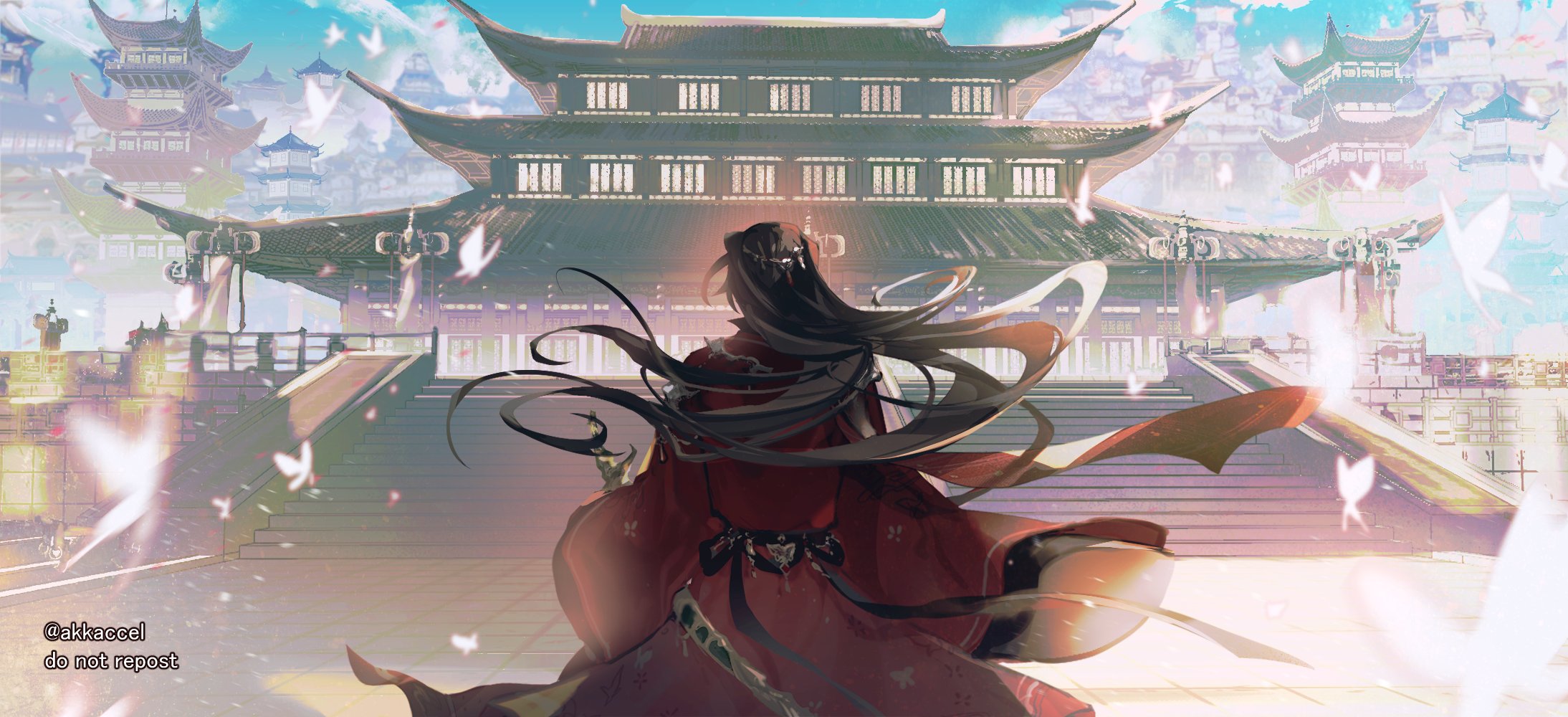 suto (sakumaaritsu), hua cheng, tianguan cifu, commentary, english commentary, highres, animal print, architecture, artist name, belt, black belt, black hair, bug, building, butterfly, butterfly print, chinese clothes, day, e-ming scimitar, east asian architecture, floral print, from behind, hair ornament, hanfu, insect, jewelry, long hair, long sleeves, male focus, red hanfu, scimitar, sheath, sheathed, solo, stairs, sword, very long hair, weapon, white butterfly, wide sleeves