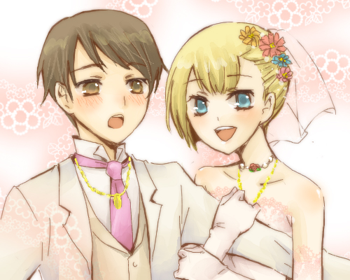 sb ryo0528, louise halevy, saji crossroad, gundam, gundam 00, bad id, bad pixiv id, lowres, 00s, blonde hair, blue eyes, blush, bride, dress, flower, formal clothes, gloves, jewelry, necklace, short hair, suit, wedding, wedding dress