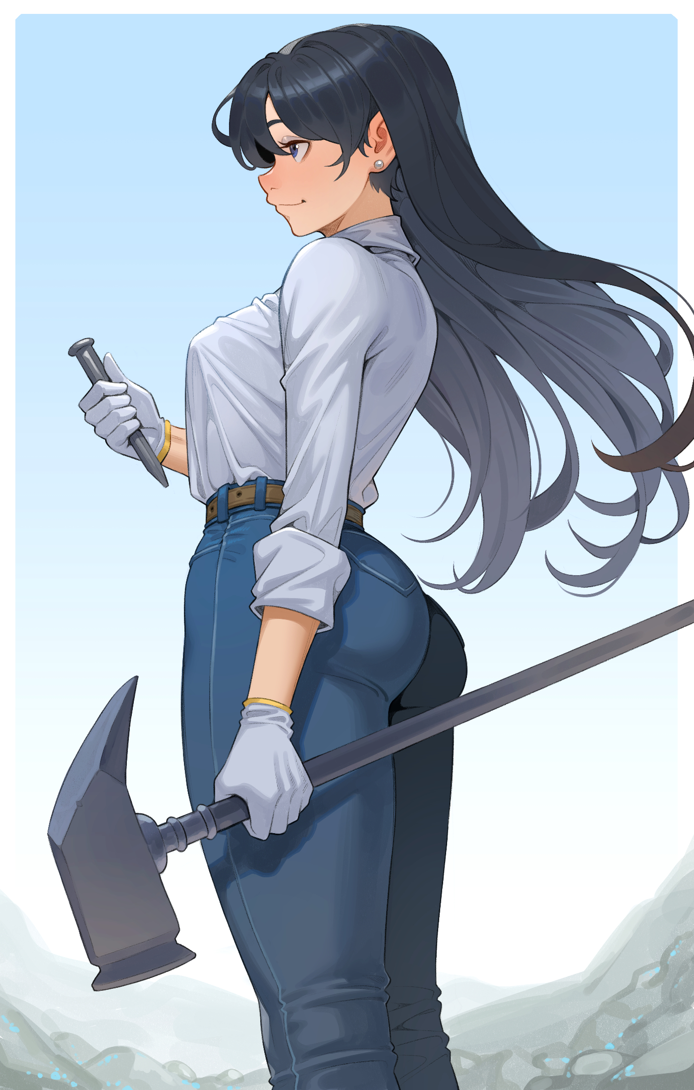 cheshirrr, arato nagi, ruri no houseki, commentary, highres, 1girl, ass, belt, black hair, blue pants, blue sky, chisel, closed mouth, collared shirt, denim, ear piercing, earrings, gloves, gradient sky, hammer, holding, holding chisel, holding hammer, jeans, jewelry, long hair, long sleeves, outdoors, pants, piercing, purple eyes, rock, shirt, sidelocks, sky, sleeves rolled up, smile, solo, stud earrings, white gloves, white shirt