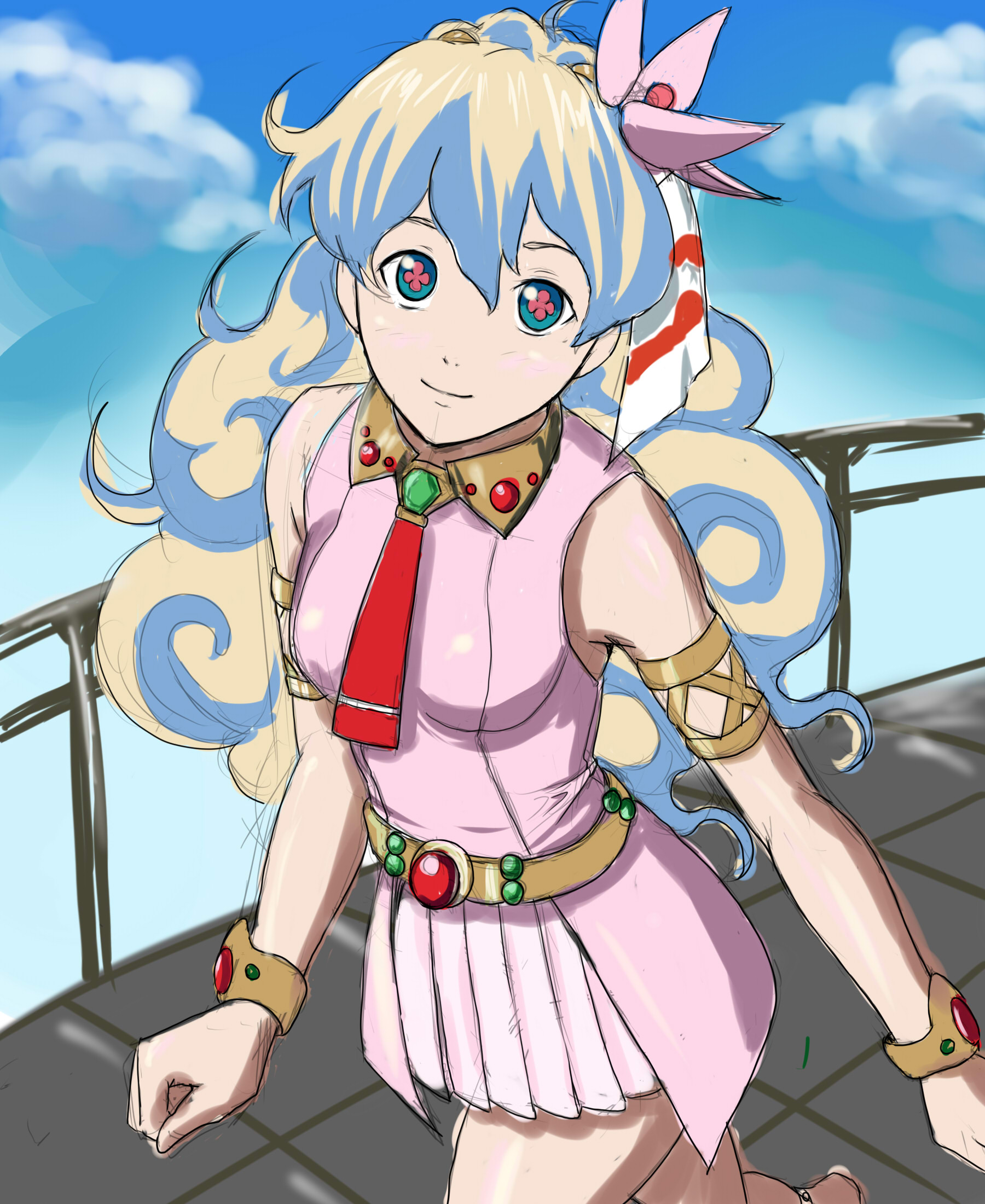 tat (jurychan), nia teppelin, tengen toppa gurren lagann, bad id, bad pixiv id, highres, 00s, 1girl, armlet, bracelet, dress, female focus, flower, hair flower, hair ornament, jewelry, long hair, multicolored hair, pink dress, pink skirt, skirt, smile, solo