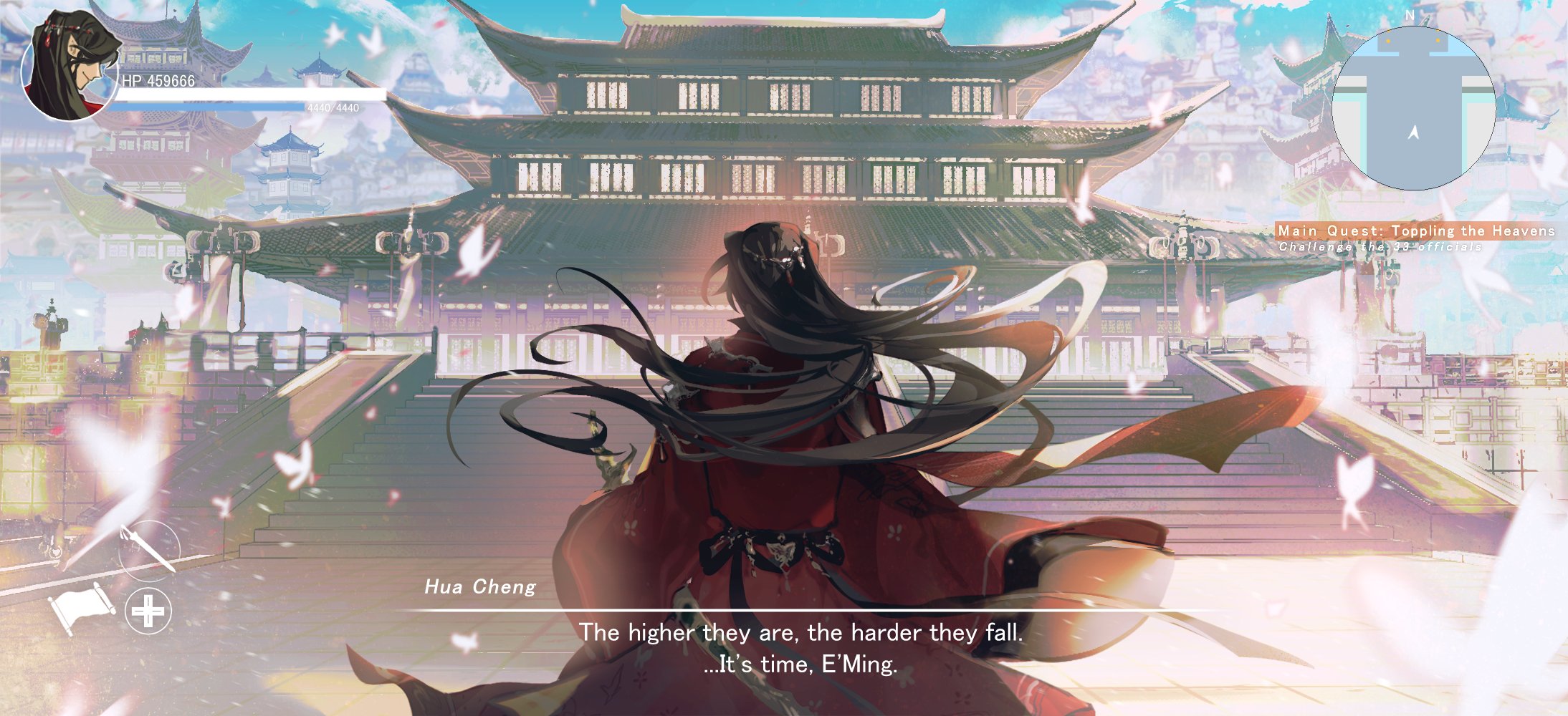suto (sakumaaritsu), hua cheng, tianguan cifu, commentary, english commentary, highres, animal print, architecture, artist name, belt, black belt, black hair, blurry, blurry foreground, bug, building, butterfly, butterfly print, chinese clothes, day, e-ming scimitar, east asian architecture, english text, floral print, from behind, gameplay mechanics, hair ornament, hanfu, heaven, insect, jewelry, long hair, long sleeves, male focus, red hanfu, scimitar, sheath, sheathed, solo, stairs, sword, user interface, very long hair, weapon, white butterfly, wide sleeves