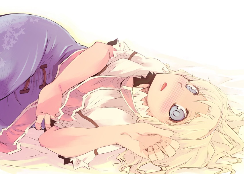 yuu (kfc), alice margatroid, touhou, 1girl, :o, bare arms, blonde hair, blue dress, blue eyes, blush, capelet, dress, female focus, fingernails, hairband, leaf print, long hair, looking at viewer, lying, necktie, nose blush, on back, open mouth, orange hairband, pink necktie, short sleeves, simple background, solo, tareme, white background