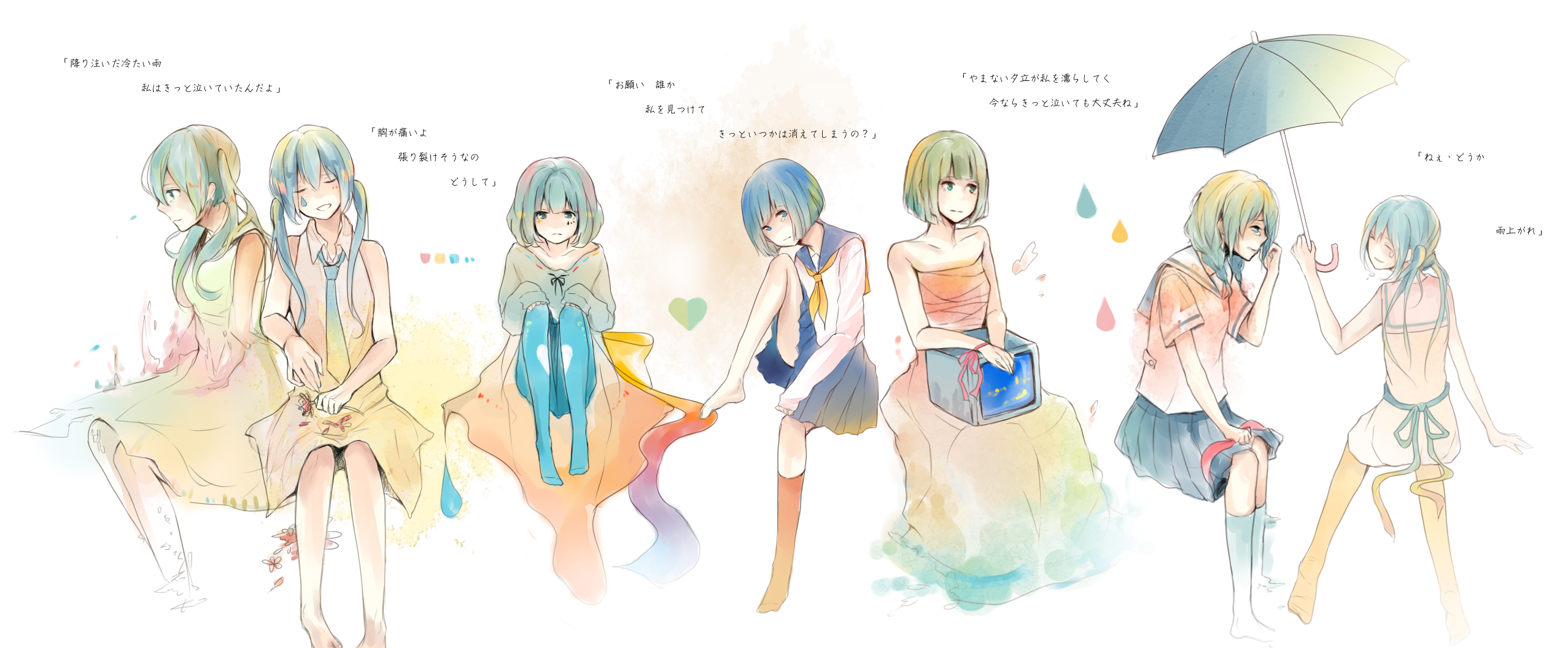 hatsune miku, glow (vocaloid), vocaloid, commentary request, highres, alternate costume, aqua hair, arm support, arm up, azsxd23, bare arms, bare shoulders, barefoot, blue hair, blue pantyhose, blue sailor collar, blue skirt, blunt ends, blunt sidelocks, braid, breasts, collared dress, crying, dress, expressionless, facing another, flower, gradient necktie, grey dress, hands on own knees, heart, holding, holding flower, holding neckerchief, holding umbrella, invisible chair, knee up, kneehighs, knees up, looking at viewer, low twin braids, multiple persona, neck ribbon, neckerchief, necktie, no shoes, orange dress, orange socks, pantyhose, pleated skirt, pout, red ribbon, ribbon, sad, sailor collar, sailor shirt, school uniform, serafuku, shirt, short hair, sidelocks, sitting, skirt, sleeveless, sleeveless dress, sleeves past wrists, small breasts, smile, socks, strapless, strapless dress, tears, television, twin braids, twintails, umbrella, water drop, white background, white dress, white sailor collar, white shirt, wrist ribbon, yellow neckerchief, yellow pantyhose