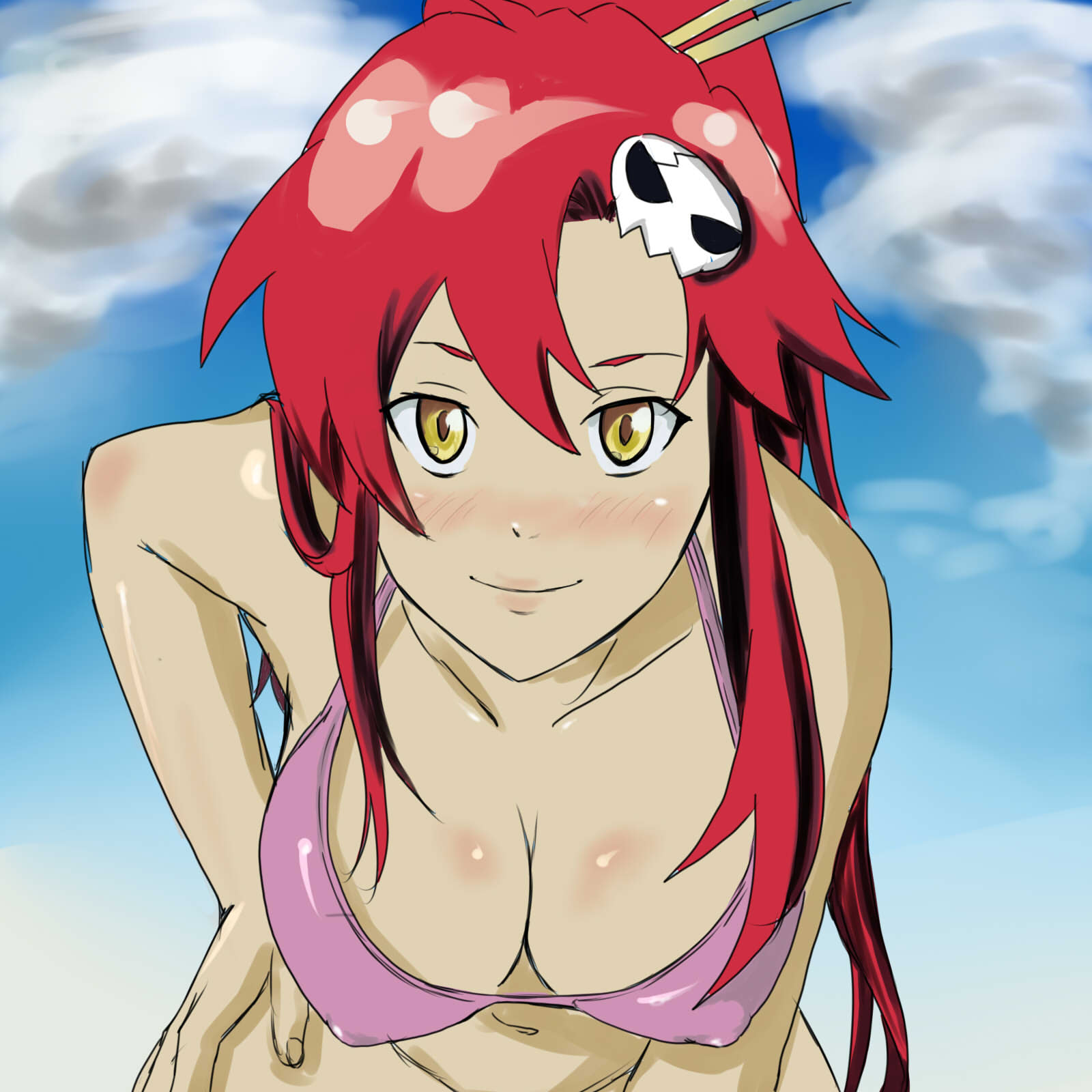 tat (jurychan), yoko littner, tengen toppa gurren lagann, bad id, bad pixiv id, highres, 00s, 1girl, bent over, bikini, blush, breasts, cleavage, female focus, hair ornament, hanging breasts, large breasts, long hair, pink bikini, ponytail, red hair, solo, swimsuit, view between breasts, yellow eyes