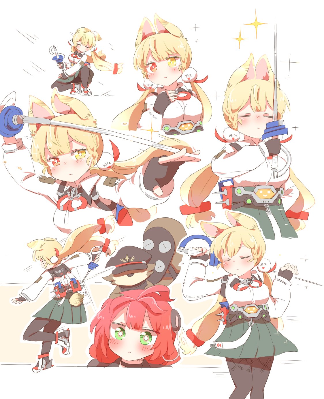 rebecca (keinelove), alice thymefield, kamanosuke (zenless zone zero), ukinami yuzuha, zenless zone zero, highres, 1other, 2girls, animal, animal ears, animal on head, arm behind back, arms up, belt, black gloves, black pantyhose, black sailor collar, blonde hair, blush, bright pupils, chest bow, closed eyes, closed mouth, fingerless gloves, gloves, green eyes, green skirt, hair ornament, hand on own chest, hat, head tilt, hearing aid, heterochromia, holding, holding behind back, holding sword, holding weapon, holding weapon behind back, long hair, looking to the side, motion lines, multiple girls, on head, open mouth, pantyhose, rabbit ears, rabbit girl, raccoon, red eyes, red hair, sailor collar, shirt, shoes, skirt, sparkle, speed lines, sphere hair ornament, squatting, standing, standing on one leg, sword, tanuki, twintails, weapon, white background, white pupils, white shirt, white shoes, yellow eyes