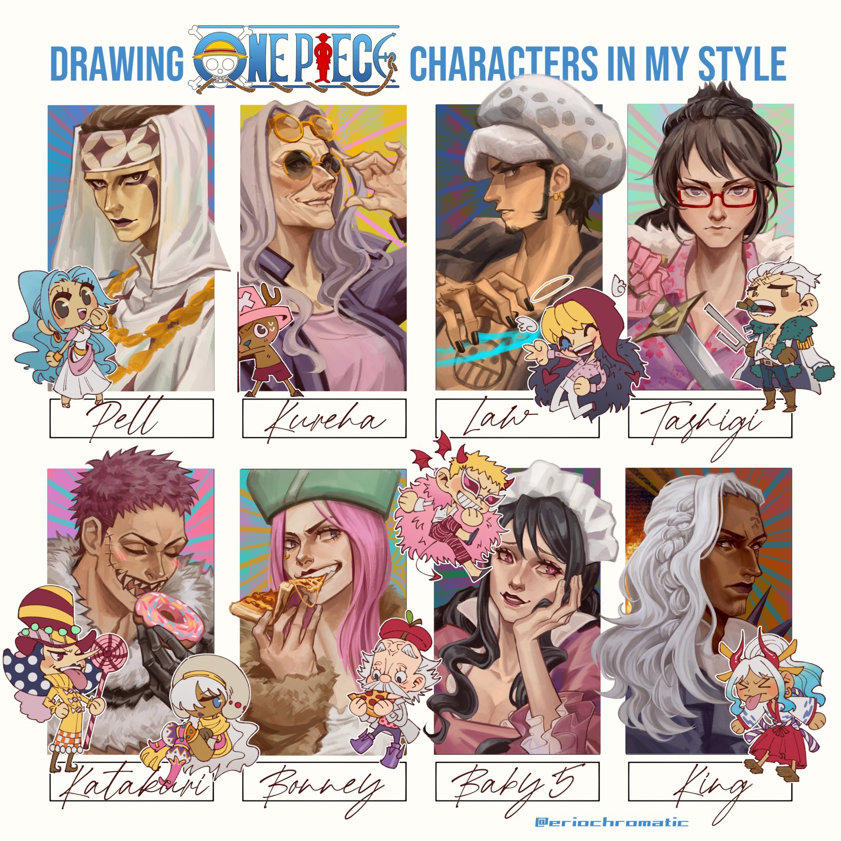 eriochromatic, baby 5, charlotte katakuri, charlotte perospero, charlotte smoothie, donquixote doflamingo, donquixote rocinante, dr. kureha, dr. vegapunk, jewelry bonney, king (one piece), nefertari vivi, pell (one piece), smoker (one piece), tashigi, tony tony chopper, trafalgar law, yamato (one piece), one piece, commentary, english commentary, highres, 6+boys, 6+girls, black hair, black nails, blonde hair, blue hair, brother and sister, brothers, brown hair, character name, chest tattoo, chibi, closed mouth, coat, coat on shoulders, donut, eating, epaulettes, facial hair, food, glasses, grey hair, hakama, half updo, halo, hand on own hip, hat, head rest, headscarf, holding, holding food, holding sword, holding weapon, jacket, japanese clothes, jitte, kimono, long hair, long nose, looking at viewer, maid headdress, makeup, multiple boys, multiple drawing challenge, multiple girls, mustache, pink hair, pizza, red hakama, sharp teeth, short hair, siblings, sideburns, smile, sunglasses, sweatdrop, swept bangs, sword, tattoo, teeth, weapon, white hair, white kimono