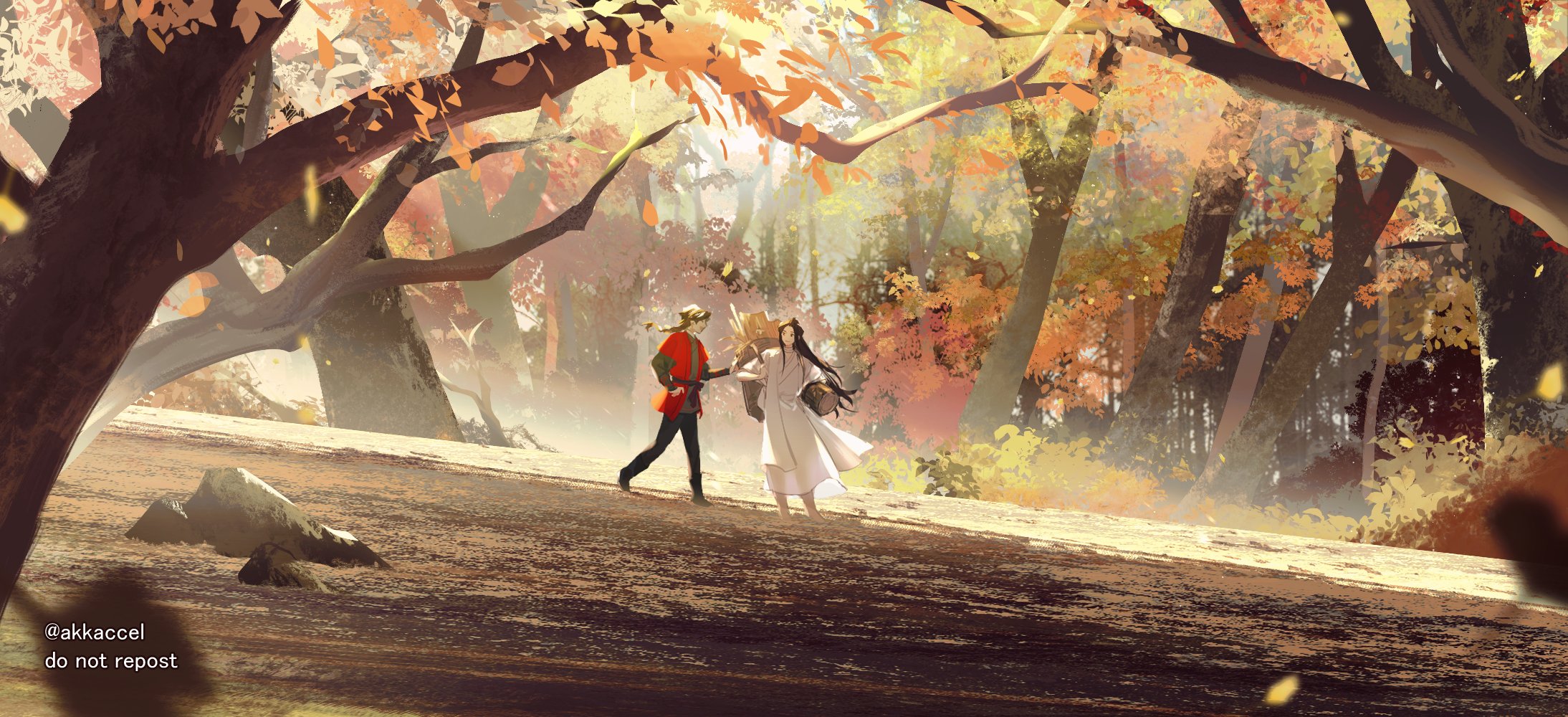 suto (sakumaaritsu), hua cheng, san lang, xie lian, tianguan cifu, commentary, english commentary, highres, 2boys, autumn, autumn leaves, bandaged neck, bandages, basket, black hair, black pants, braid, brown hair, chinese clothes, day, forest, hair bun, hanfu, hat, holding, holding basket, holding log, leaf, long hair, male focus, multiple boys, nature, outdoors, pants, red hanfu, red tunic, rice hat, rock, scenery, short sleeves, single braid, single hair bun, sleeves pushed up, smile, standing, sunlight, tree, tunic, very long hair, white hanfu, wide shot