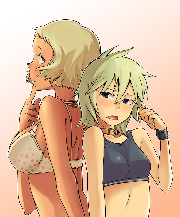 bowieknife, makunouchi ushio, mickey mouse, ooba minato, disney, hyakko, 00s, 2girls, back-to-back, blonde hair, blush, bra, breasts, choker, collar, dark-skinned female, dark skin, female focus, large breasts, lingerie, looking back, multiple girls, open mouth, short hair, simple background, sports bra, underwear, wristband, yuri