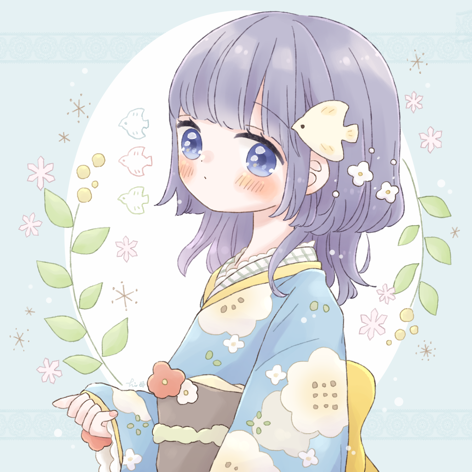 hiiragi hinana, original, highres, 1girl, artist name, blue eyes, blush, fish hair ornament, floral print, floral print kimono, grey hair, hair ornament, japanese clothes, kimono, print kimono, solo, upper body