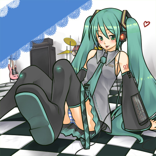 liminarity, hatsune miku, vocaloid, :p, arm support, blush, detached sleeves, green eyes, green hair, heart, long hair, necktie, panties, pantyshot, sitting, skirt, striped clothes, striped panties, thighhighs, tongue, tongue out, twintails, underwear