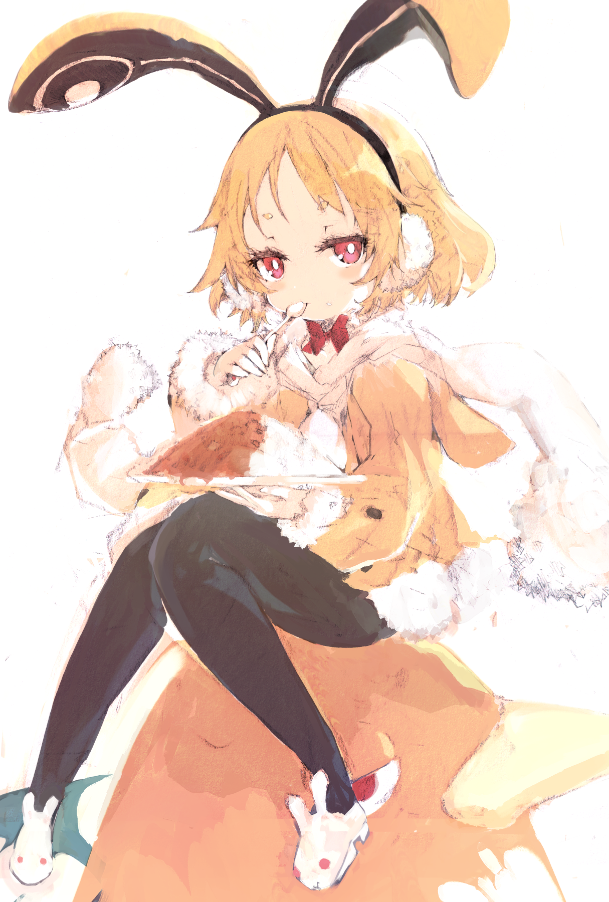 tsutsugano, prinny, usalia (disgaea), disgaea, makai senki disgaea 5, highres, 1girl, animal ears, animal slippers, bird, black pantyhose, blonde hair, blush, bow, bright pupils, curry, earmuffs, eating, fake animal ears, food, food on face, fur-trimmed jacket, fur-trimmed sleeves, fur trim, holding, holding plate, jacket, long sleeves, looking at viewer, pantyhose, penguin, pink eyes, plate, rabbit earmuffs, red bow, red eyes, rice, rice on face, scarf, short eyebrows, short hair, simple background, sitting, sitting on animal, slippers, spoon, utensil in mouth, white background, white pupils, white scarf, wings, yellow jacket