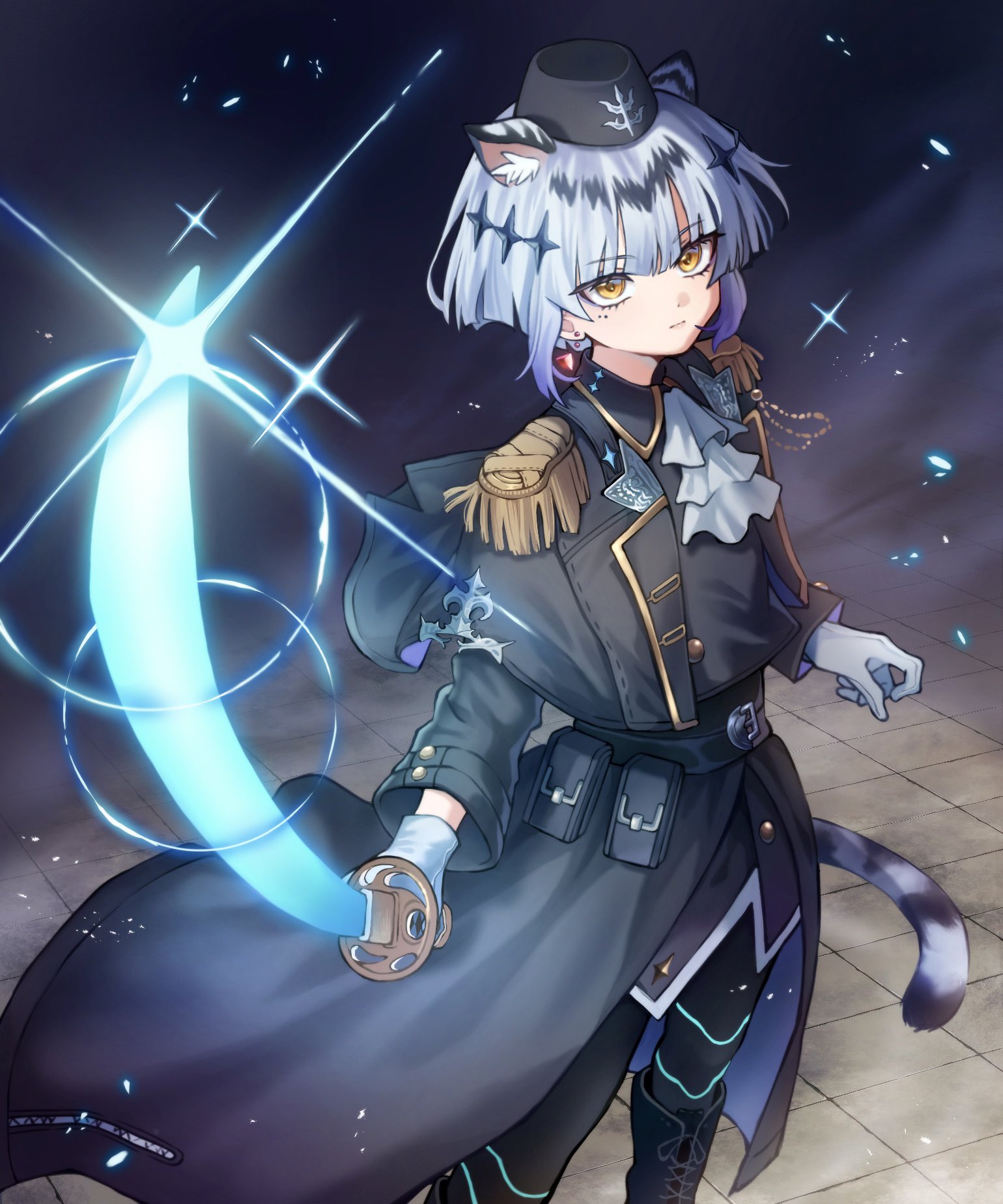 shadowverse, shadowverse: worlds beyond, commentary request, highres, 1girl, animal ear fluff, animal ears, ascot, belt, belt buckle, belt pouch, black jacket, breasts, buckle, earrings, epaulettes, from above, gildaria (shadowverse), gloves, glowing, glowing sword, glowing weapon, hat, holding, holding sword, holding weapon, jacket, jewelry, katana, lapels, looking at viewer, maru illust 09, medium breasts, military jacket, pavement, pillbox hat, pouch, short hair, simple background, single earring, solo, standing, striped tail, sword, tail, tiger ears, tiger girl, tiger tail, tsuba (guard), weapon, white ascot, white gloves, white hair, yellow eyes