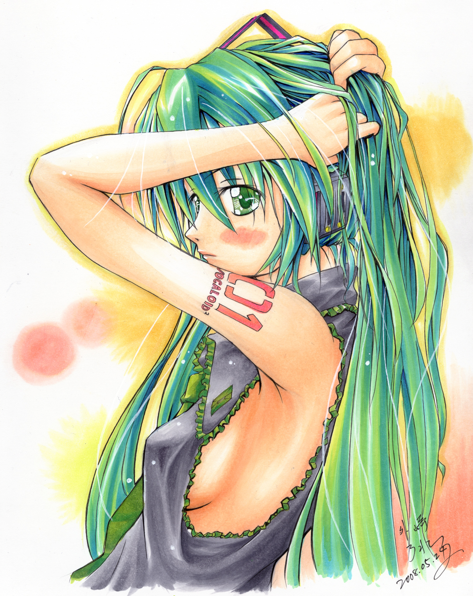 roreru, hatsune miku, vocaloid, bad id, bad pixiv id, highres, traditional media, 1girl, armpits, arms up, blush, breasts, female focus, green eyes, green hair, long hair, matching hair/eyes, medium breasts, sideboob, solo