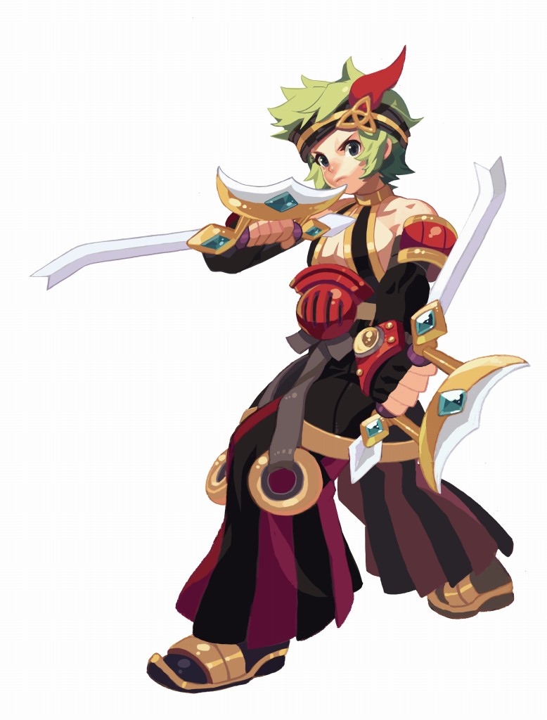 asgard, nexon, gold collar, artist request, official art, second-party source, 1boy, armor, asura (asgard), bare shoulders, black eyes, black headband, black pants, black sleeves, blue gemstone, closed mouth, collarbone, dot nose, dual persona, dual wielding, elbow gloves, feathers, fighting stance, frown, gauntlets, gem, gloves, green hair, grey ribbon, headband, holding, holding sword, holding weapon, legs apart, looking at viewer, o-ring, pants, pleated pants, red armor, red feathers, red pants, short hair, simple background, solo, standing, striped clothes, striped pants, sword, two-tone pants, vertical-striped clothes, vertical-striped pants, weapon, white background, yellow gemstone