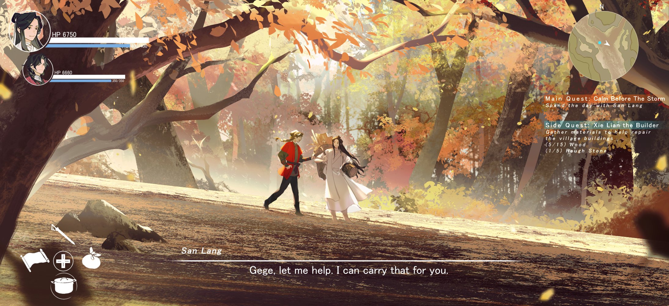 suto (sakumaaritsu), hua cheng, san lang, xie lian, tianguan cifu, commentary, english commentary, highres, 2boys, autumn, autumn leaves, bandaged neck, bandages, basket, black hair, black pants, braid, brown hair, chinese clothes, day, english text, forest, gameplay mechanics, hair bun, hanfu, hat, holding, holding basket, holding log, leaf, long hair, male focus, multiple boys, nature, outdoors, pants, red hanfu, red tunic, rice hat, rock, scenery, short sleeves, single braid, single hair bun, sleeves pushed up, smile, standing, sunlight, tree, tunic, very long hair, white hanfu, wide shot, yaoi