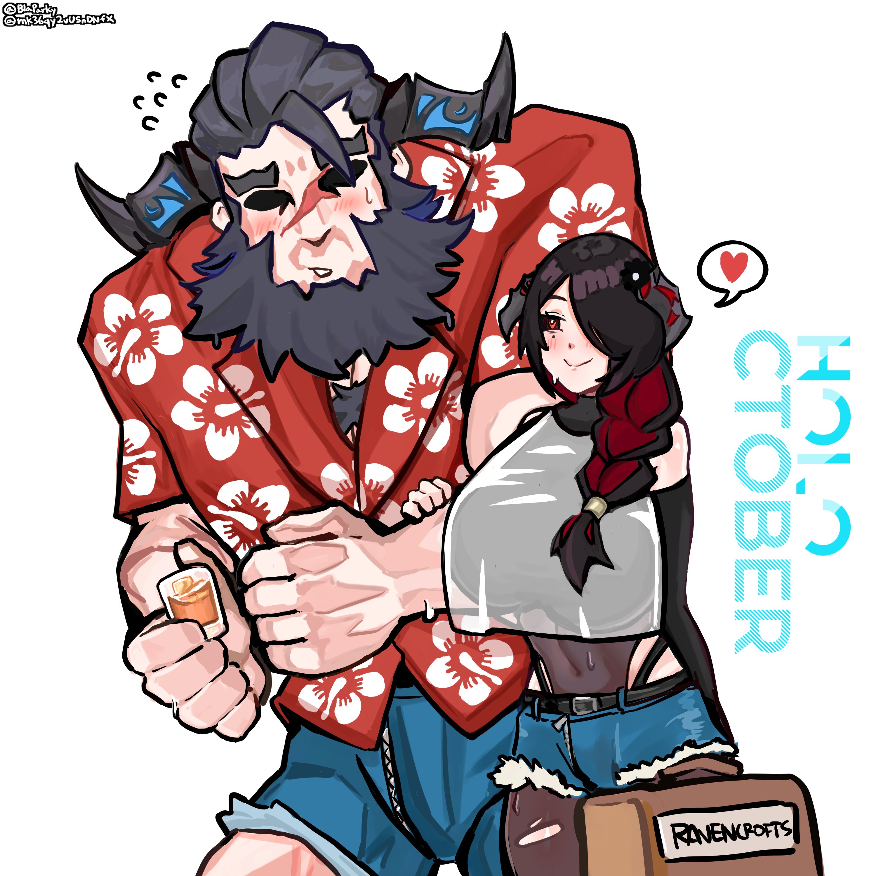 blaparky, mamarissa, paparissa, hololive, hololive english, absurdres, highres, bare shoulders, beard, black hair, black horns, black leotard, blue shorts, blush, braid, breasts, couple, denim, denim shorts, facial hair, hair over one eye, heart, horns, large breasts, leotard, mole, mole under eye, multicolored hair, red eyes, red hair, red shirt, scar, scar on face, shirt, shorts, side braid, simple background, speech bubble, spoken heart, two-tone hair, virtual youtuber, white background, white shirt