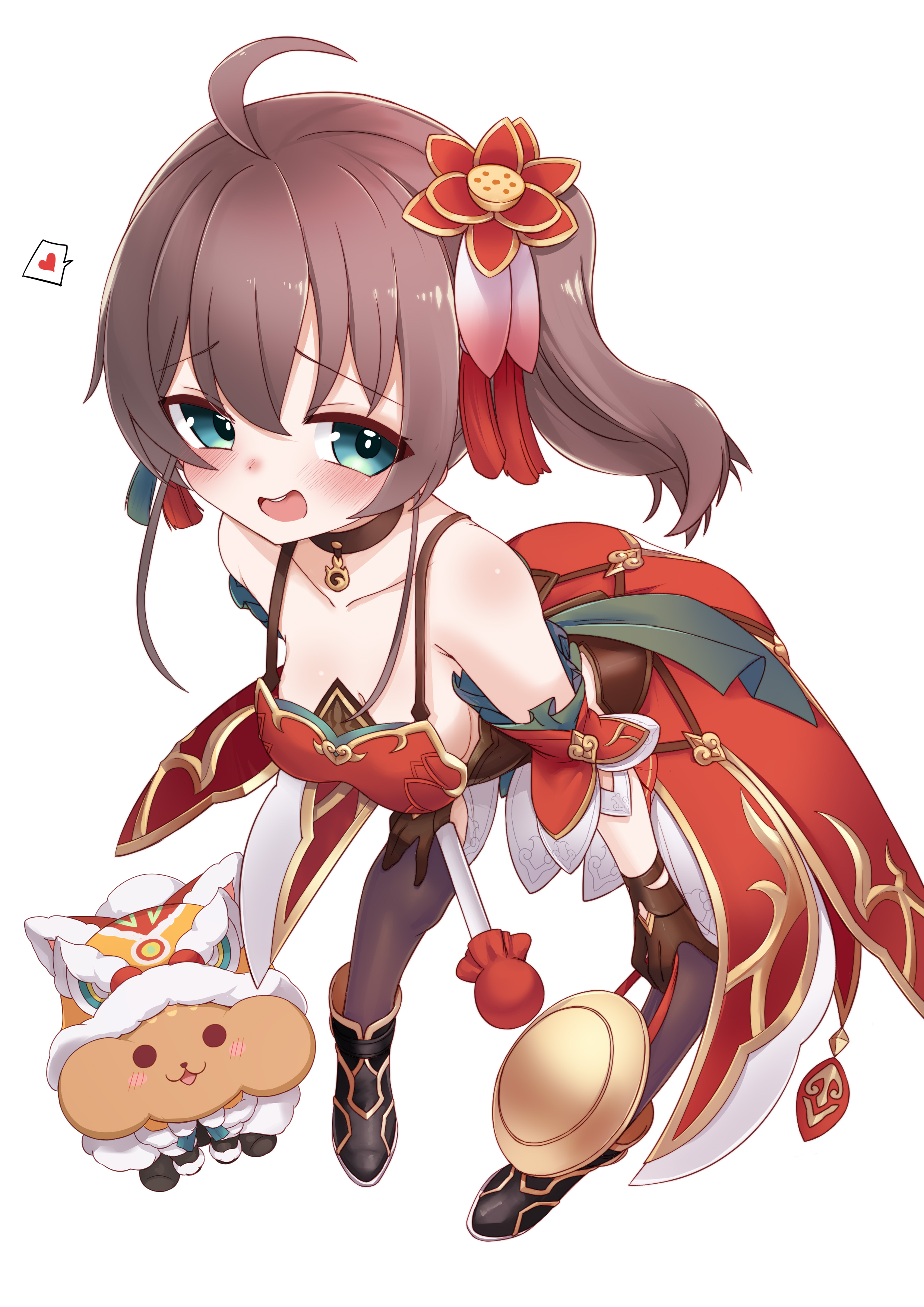 senbon tsuki, guinaifen (honkai: star rail), matsurisu, natsuiro matsuri, hololive, honkai: star rail, honkai (series), absurdres, highres, 1girl, alternate costume, black shoes, black thighhighs, blue eyes, breasts, brown gloves, choker, cosplay, dress, flower, gloves, guinaifen (honkai: star rail) (cosplay), hair flower, hair ornament, heart, holding, looking at viewer, one side up, open mouth, red choker, red dress, shoes, small breasts, smile, solo, spoken heart, thighhighs, virtual youtuber