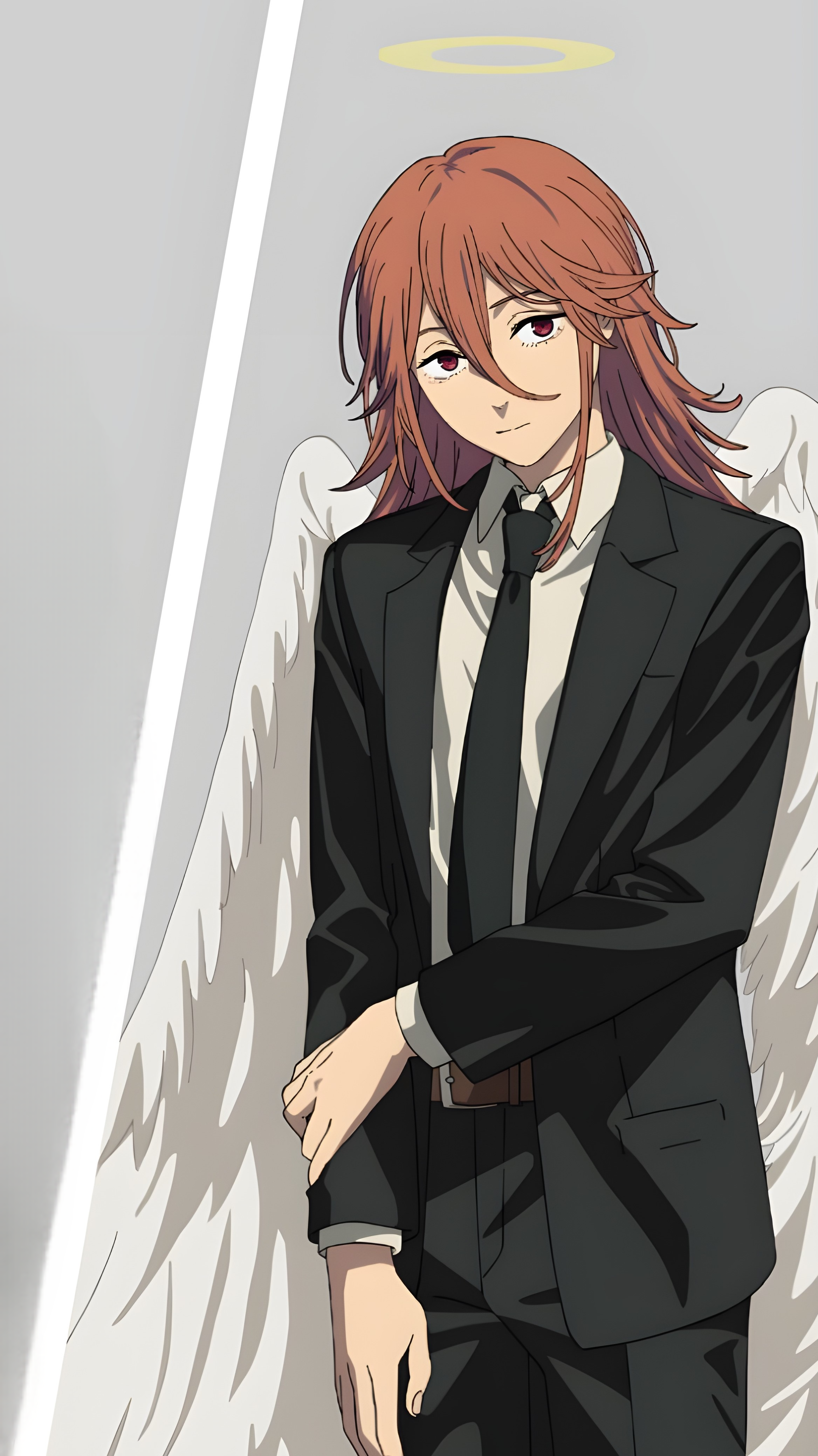 angel devil (chainsaw man), chainsaw man, absurdres, highres, official art, 1boy, androgynous, angel wings, belt, black necktie, black suit, brown belt, closed mouth, cowboy shot, dress shirt, formal clothes, grey background, halo, male focus, necktie, orange hair, red eyes, shirt, solo, suit, white shirt, wings