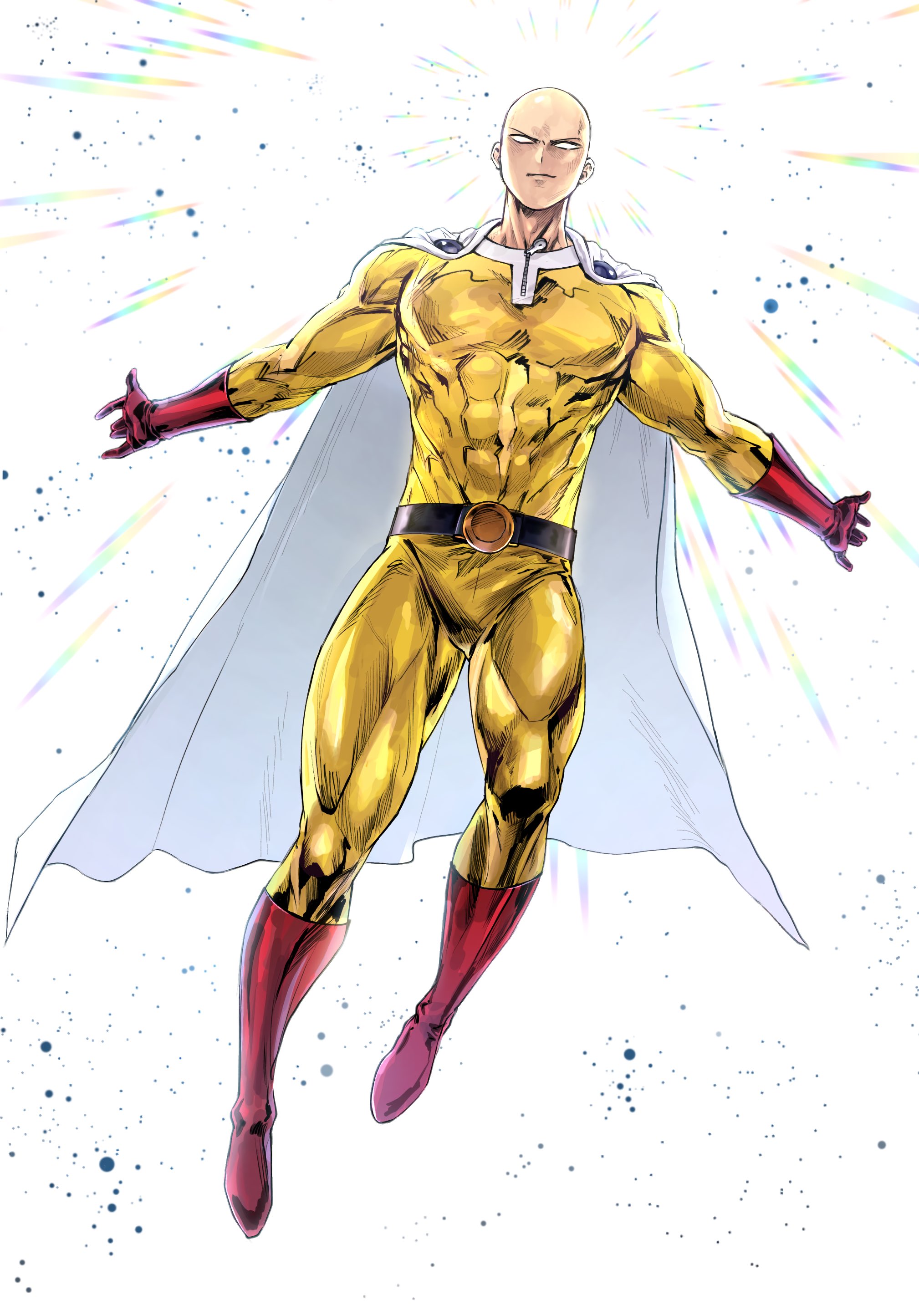 saitama (one-punch man), one-punch man, absurdres, highres, 1boy, abs, bald, bodysuit, boots, cape, full body, gloves, muscular, muscular male, red boots, red gloves, solo, white cape, yellow bodysuit, yeu6yz