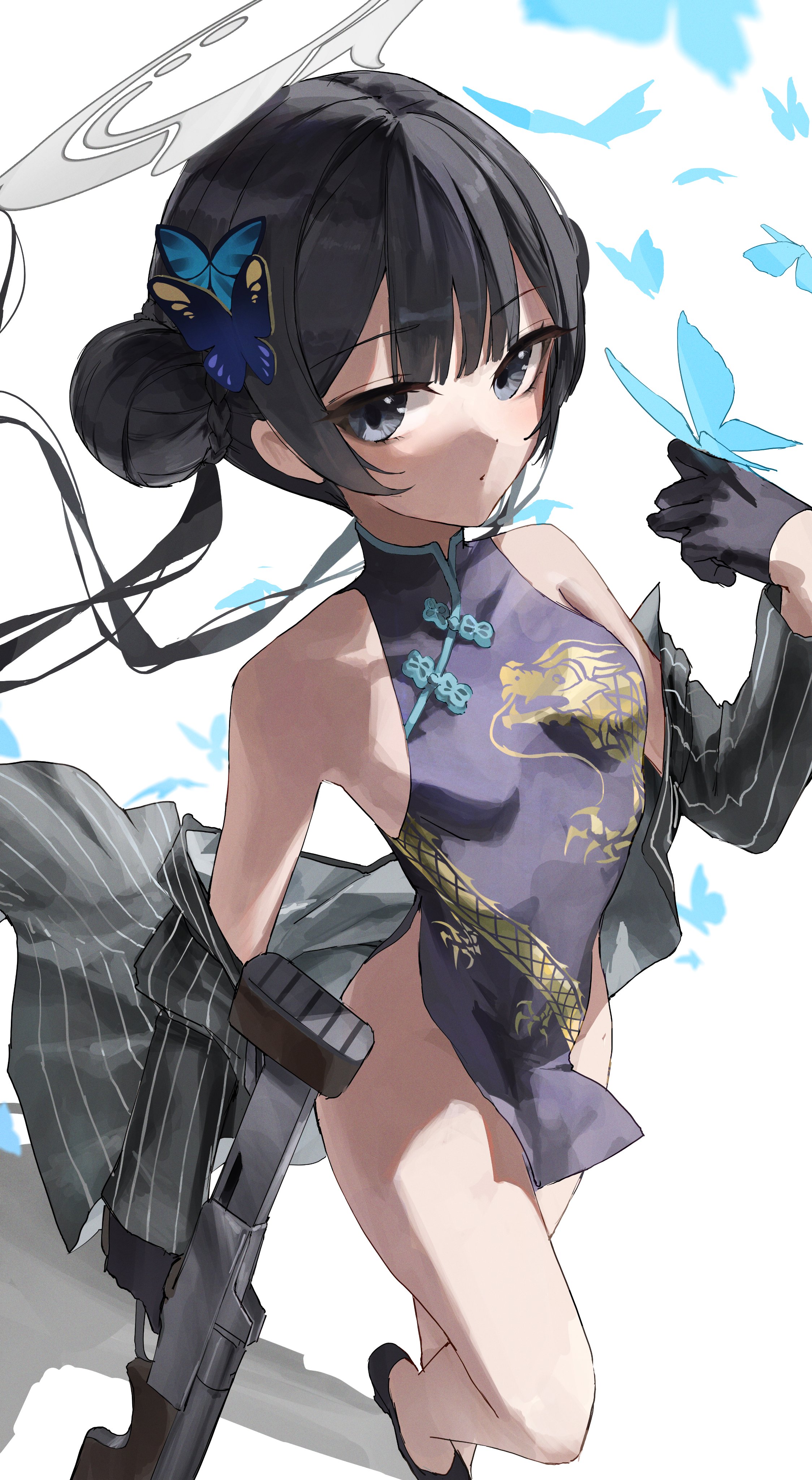 meltyrice, kisaki (blue archive), blue archive, absurdres, commentary, highres, 1girl, black gloves, black hair, bug, butterfly, butterfly hair ornament, china dress, chinese clothes, double bun, dress, gloves, grey halo, gun, hair bun, hair ornament, halo, insect, long hair, solo, twintails, weapon