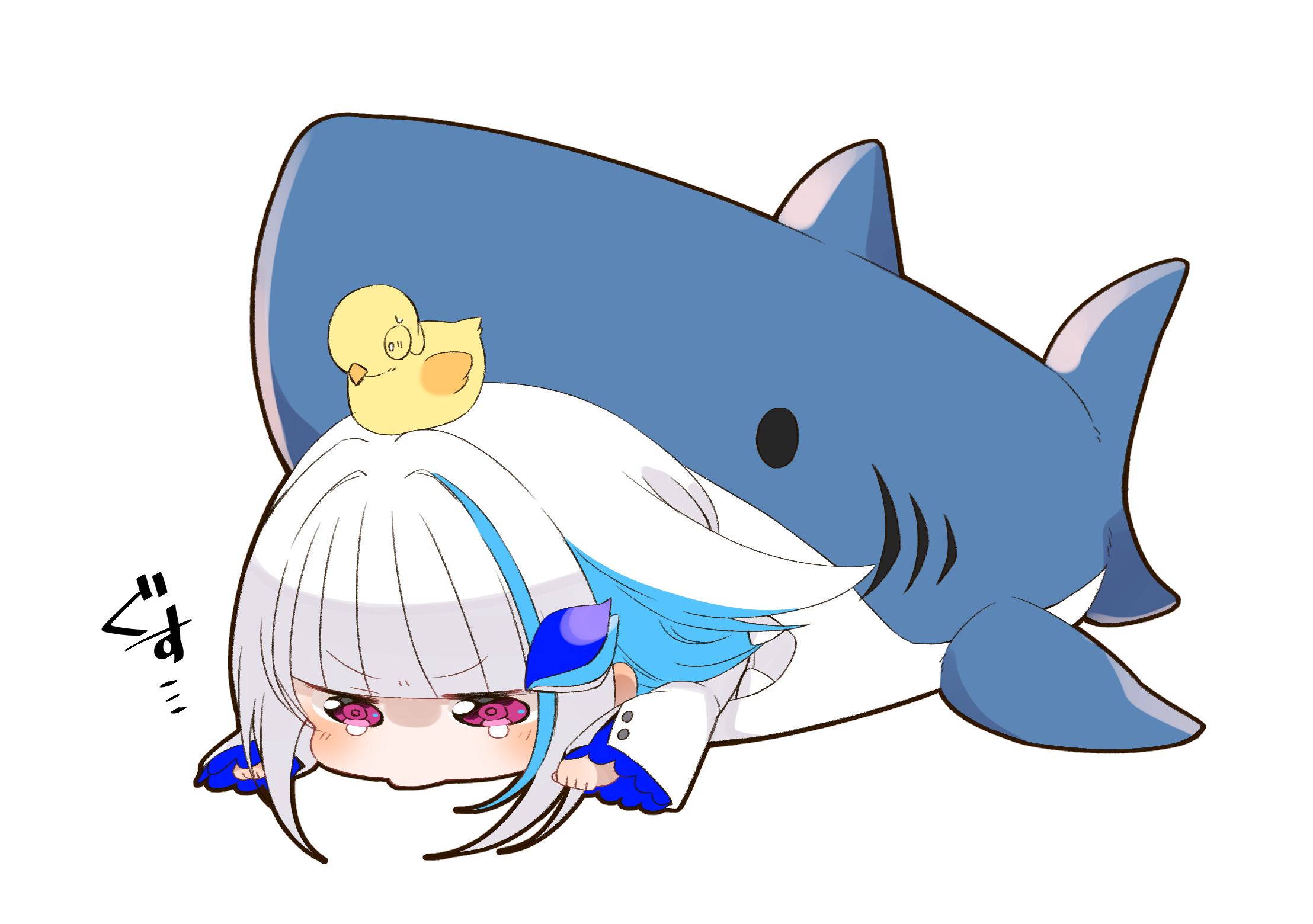shigure (sigre), lize helesta, lize helesta (1st costume), sebastian piyodore, nijisanji, highres, animal, animal on head, bird, bird on head, blue hair, chibi, closed mouth, hair ornament, hairpin, long hair, looking at viewer, multicolored hair, on head, purple eyes, shark, sidelocks, streaked hair, tears, virtual youtuber, white background, white hair