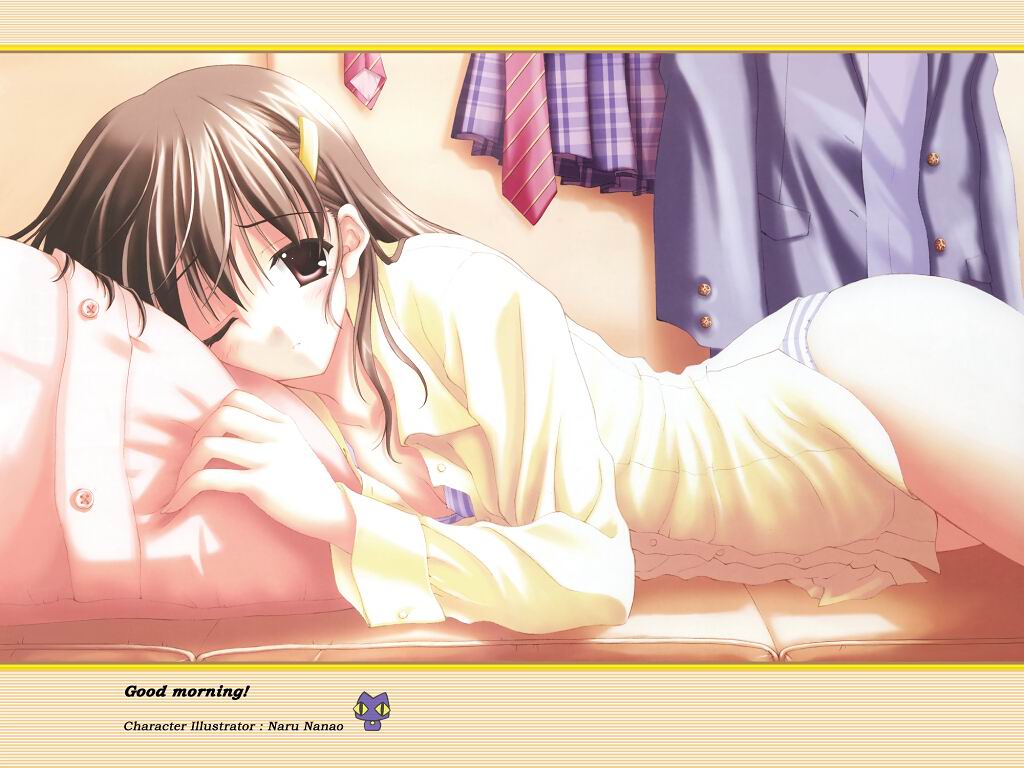 nanao naru, non-web source, brown eyes, brown hair, couch, dress shirt, long hair, one eye closed, panties, pillow, shirt, solo, underwear, wink