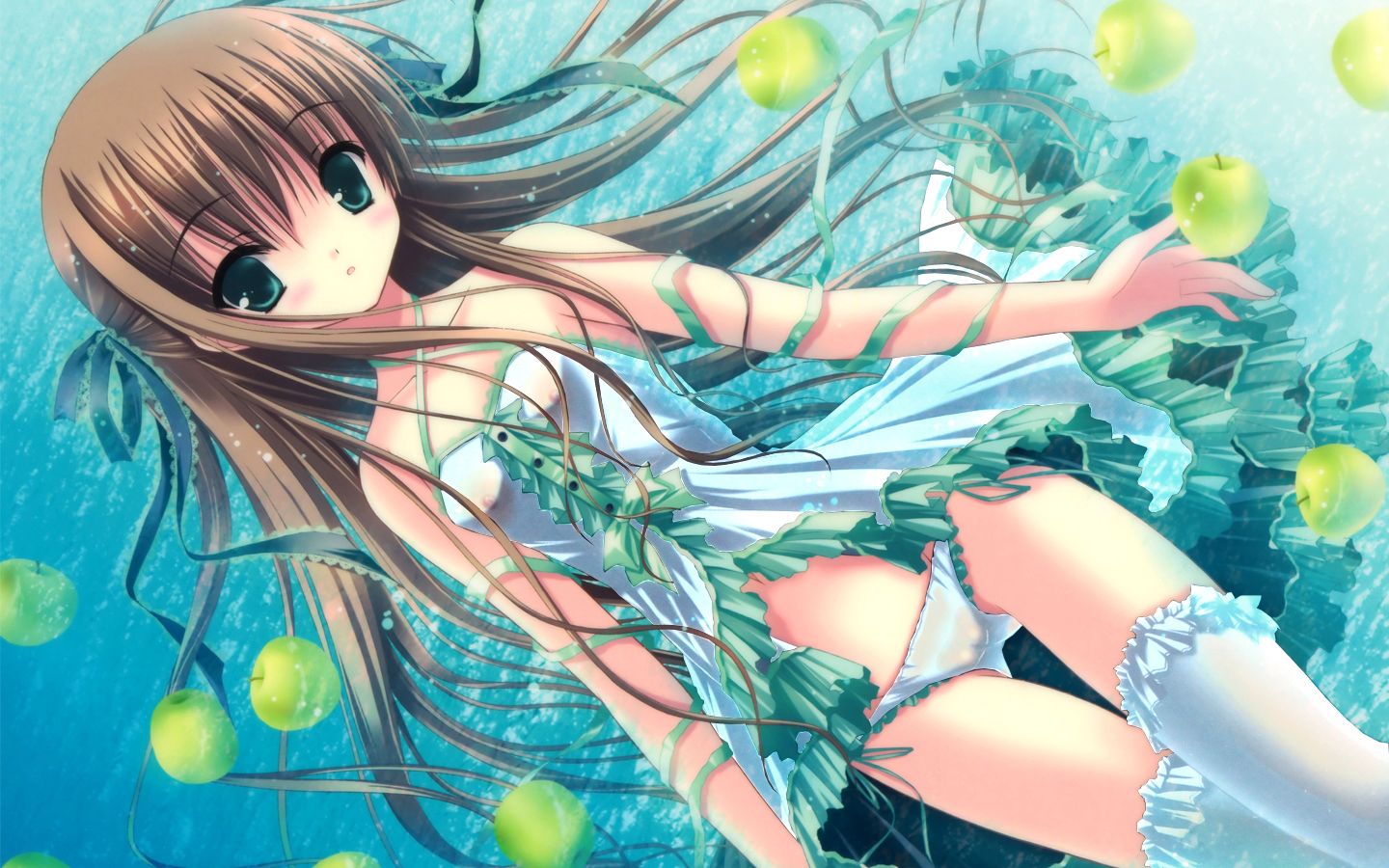 tinker bell (pixiv 10956015), non-web source, 1girl, apple, brown hair, cameltoe, dress, female focus, food, frills, fruit, green eyes, long hair, lying, panties, see-through clothes, solo, thighhighs, underwear