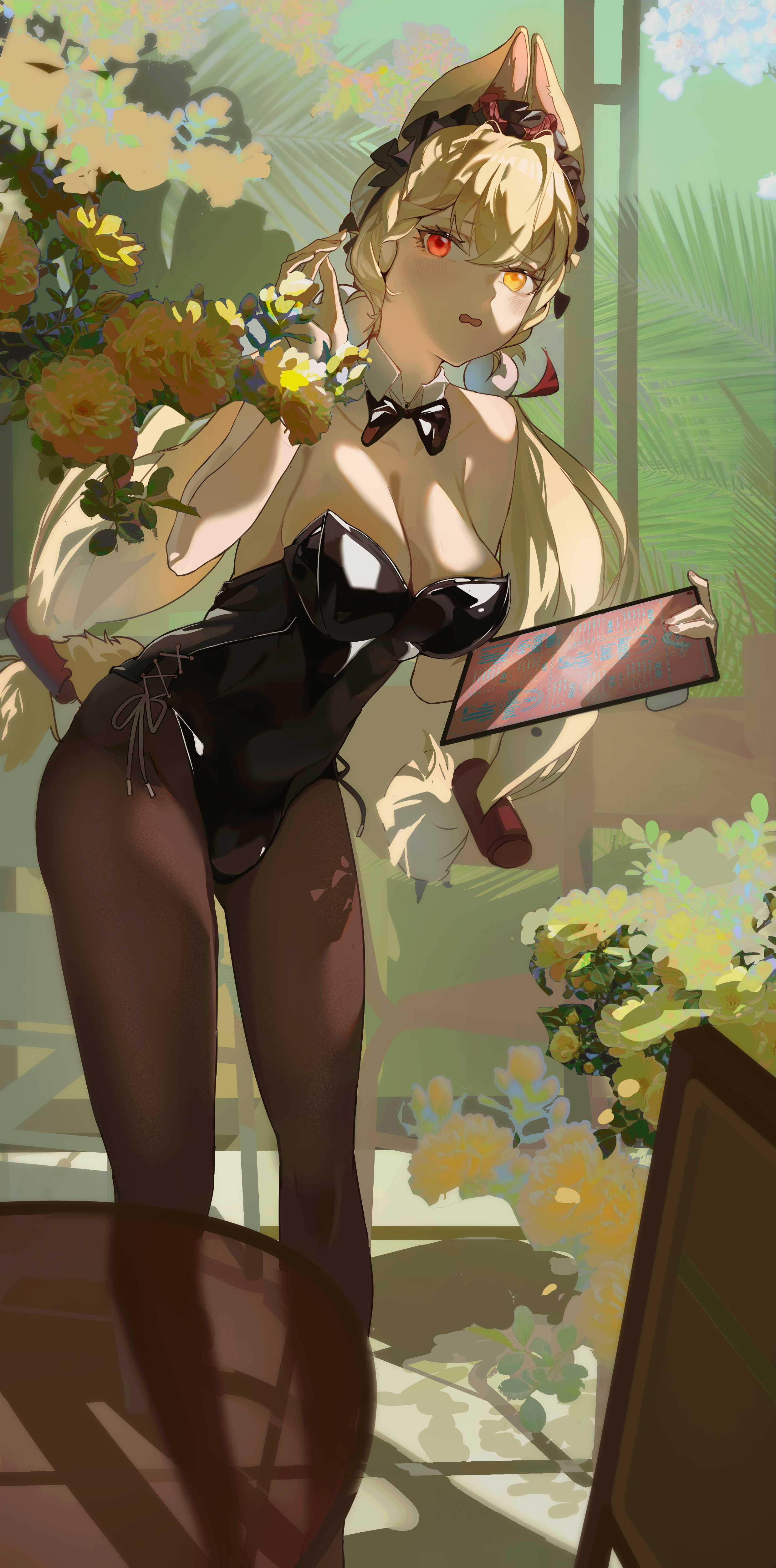 alice thymefield, zenless zone zero, absurdres, highres, 1girl, animal ears, bare shoulders, bigchaping, black leotard, blonde hair, bow, bowtie, braid, breasts, cleavage, detached collar, hair between eyes, hair ornament, heterochromia, holding, holding tablet pc, large breasts, leotard, long hair, looking at viewer, low twintails, pantyhose, playboy bunny, rabbit ears, rabbit girl, rabbit tail, red eyes, solo, sphere hair ornament, strapless, strapless leotard, tablet pc, tail, twintails, wrist cuffs, yellow eyes