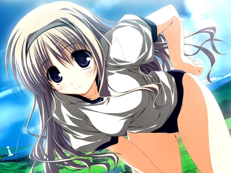 kagura hinata, h2o footprints in the sand, game cg, non-web source, 00s, 1girl, blonde hair, blue eyes, buruma, female focus, gym uniform, hairband, leaning forward, long hair, solo