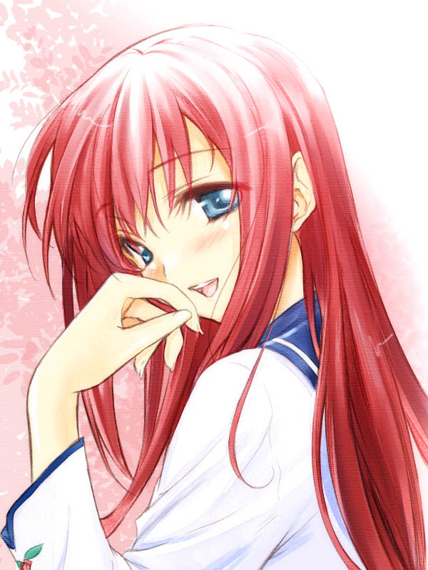 masaharu, ikaruga satsuki, eien no aselia, eternity sword series, seinarukana, 1girl, blue eyes, female focus, long hair, looking back, open mouth, red hair, school uniform, serafuku, solo