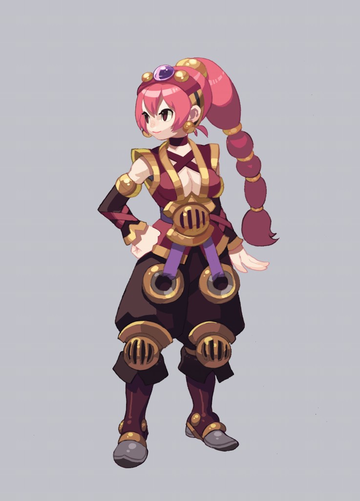 asgard, nexon, artist request, official art, second-party source, 1girl, arm at side, asura (asgard), baggy pants, boots, braid, braided ponytail, breasts, brown pants, brown sleeves, choker, cleavage, closed mouth, cross-laced armwear, cross-laced clothes, cross-laced top, detached sleeves, dot nose, earrings, full body, gem, gold earrings, gold hair tie, gold hairband, gold trim, grey background, hair tie, hairband, high ponytail, jewelry, knee boots, legs apart, lips, lone nape hair, long hair, looking to the side, medium breasts, obi, pants, poleyn, ponytail, purple gemstone, purple sash, red choker, red eyes, red hairband, red shirt, red sleeves, sash, shirt, short sleeves, simple background, smile, solo, standing