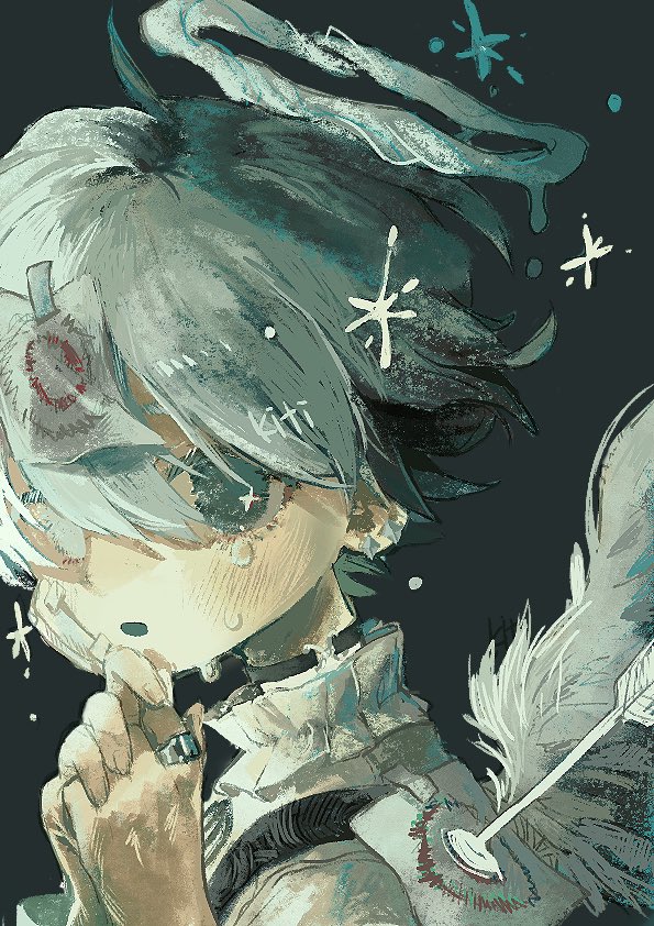original, commentary, 1boy, :o, angel wings, arrow (projectile), bandage on face, bandages, black ribbon, black straps, blue eyes, choker, dark background, earrings, frilled shirt collar, frills, from side, hair between eyes, halo, hands up, heterochromia, jewelry, looking at viewer, male focus, open mouth, own hands clasped, own hands together, paper, portrait, ribbon, ring, shirt, short hair, simple background, solo, stud earrings, su e3n, target, tears, white eyes, white hair, white shirt, wings