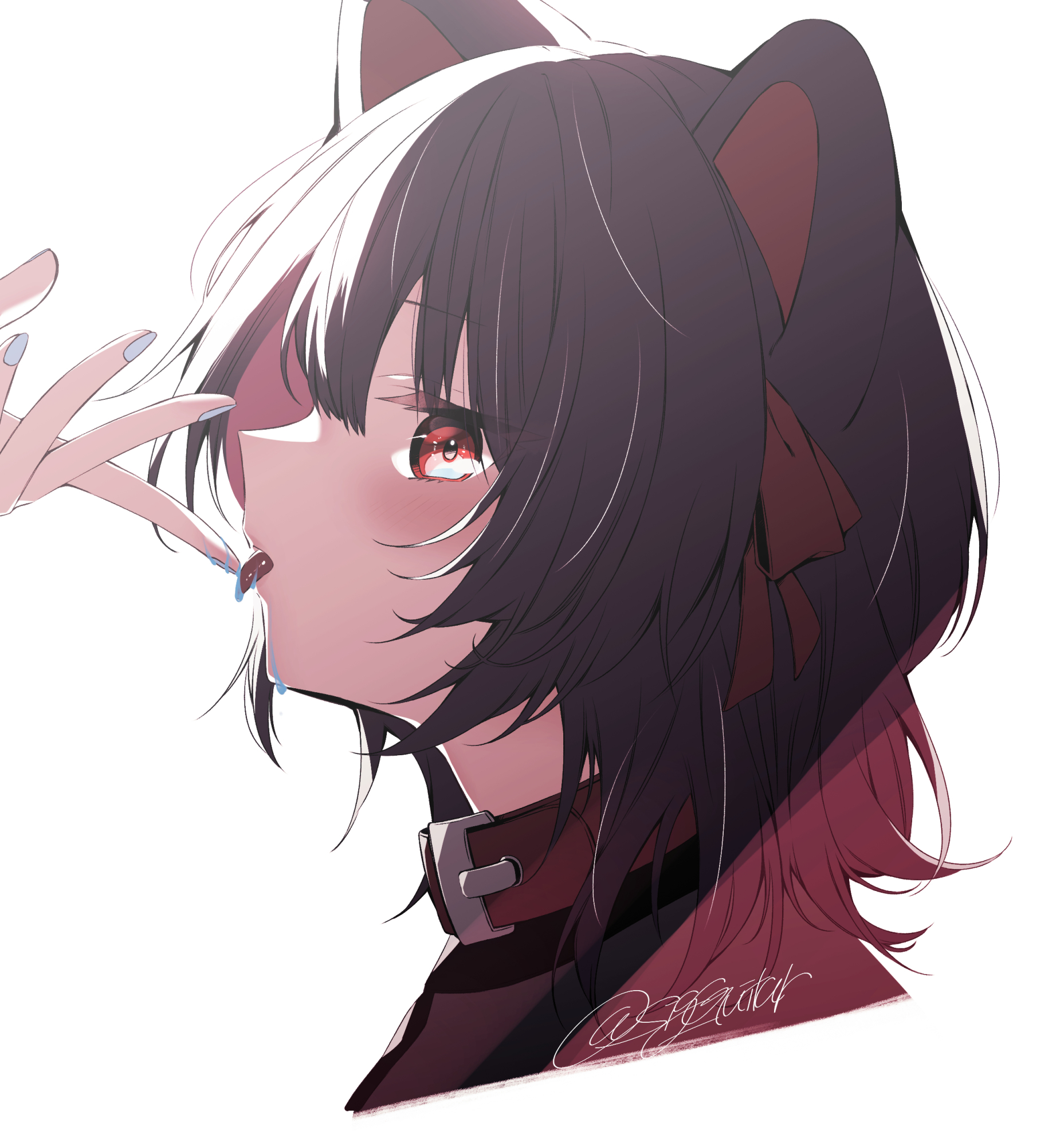 shigure (sigre), inui toko, nijisanji, highres, 1girl, animal ears, blush, brown hair, closed mouth, collar, dog ears, dog girl, looking at viewer, nail polish, purple nails, red collar, red eyes, short hair, solo, tongue, tongue out, virtual youtuber, white background