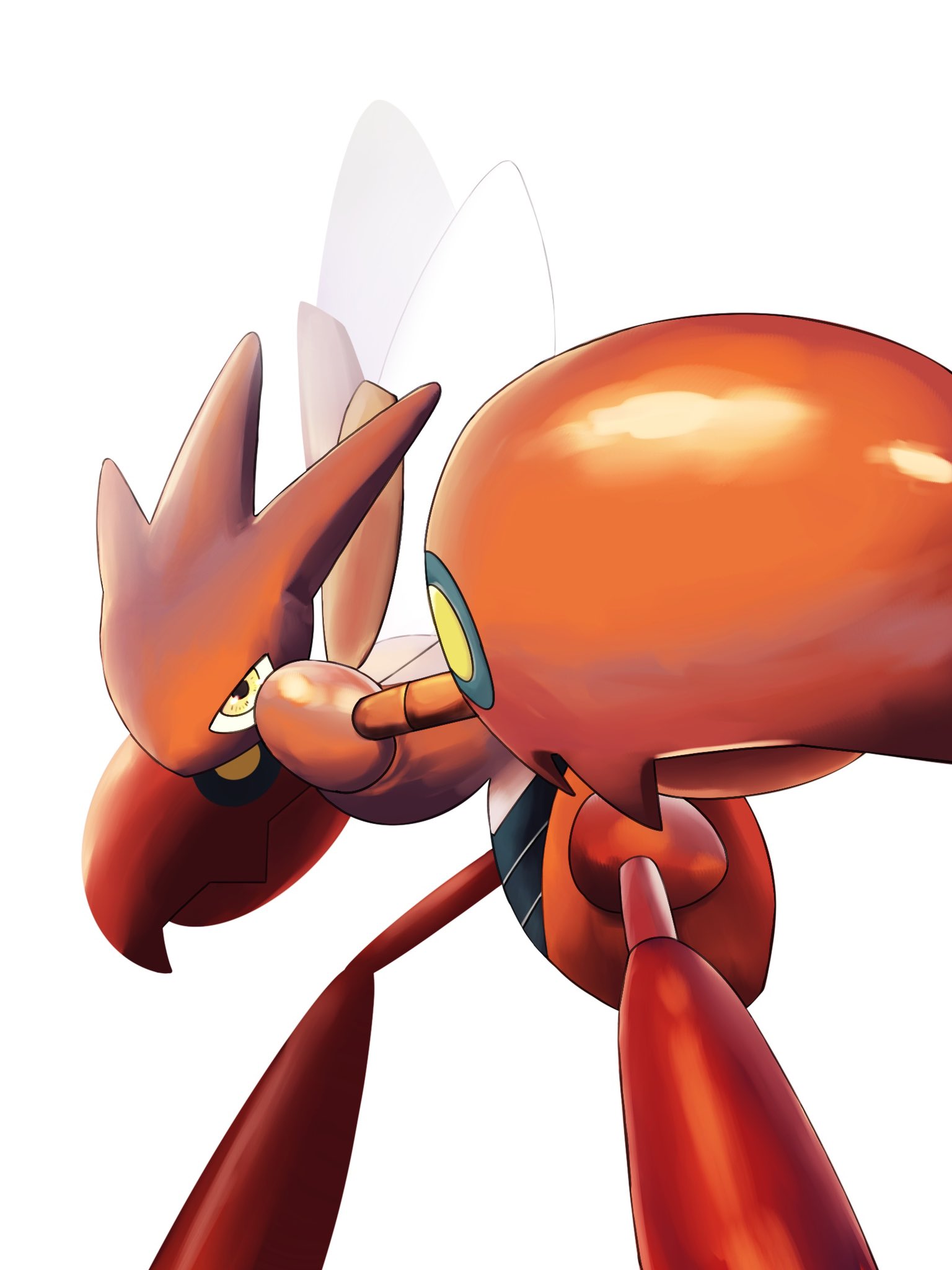 redamber334, scizor, nintendo, pokemon, highres, bent over, bug, claws, cowboy shot, gen 2 pokemon, pokemon (creature), simple background, solo, white background, yellow eyes