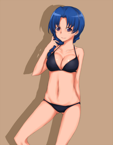 rokuichi, kawashima ami, toradora!, 00s, 1girl, bikini, black bikini, blue hair, braid, breasts, cleavage, female focus, long hair, medium breasts, purple eyes, single braid, solo, swimsuit