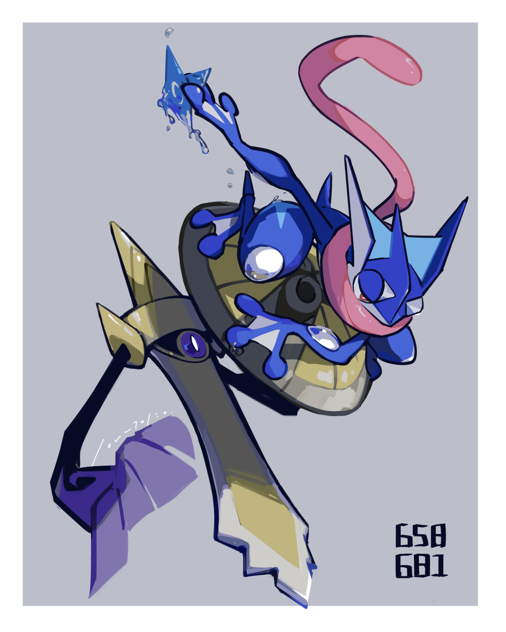usduvi, greninja, nintendo, pokemon, highres, animate object, border, frog, full body, gen 6 pokemon, grey background, holding, holding shield, long tongue, pokemon (creature), shield, simple background, sword, tongue, weapon, white border