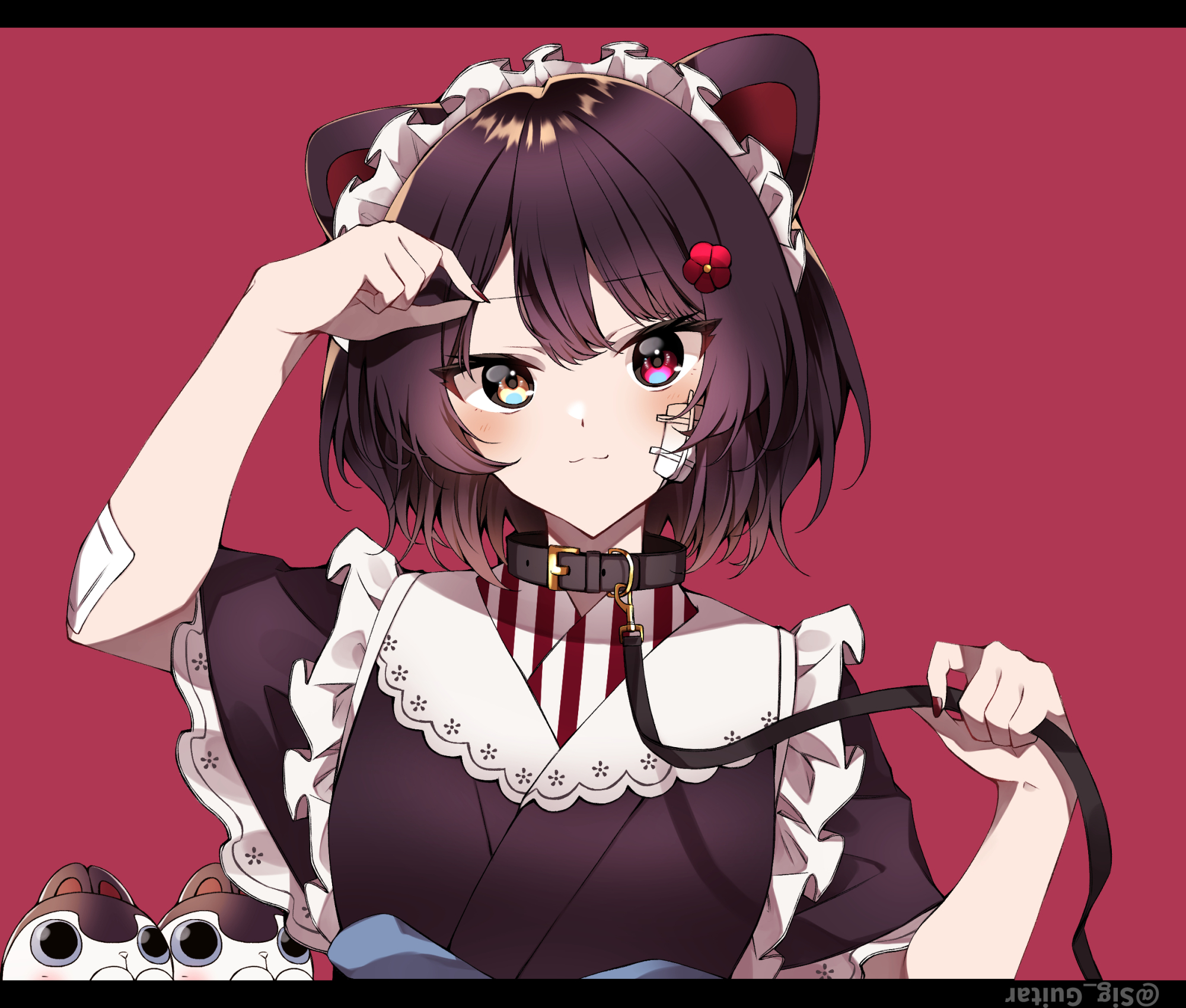 shigure (sigre), banken (inui toko), inui toko, inui toko (1st costume), nijisanji, highres, 1girl, bandaid, bandaid on arm, bandaid on cheek, bandaid on face, black collar, brown dress, brown hair, closed mouth, collar, dress, flower hairpin, heterochromia, holding, holding leash, japanese clothes, leash, looking at viewer, maid, maid headdress, nail polish, red eyes, red nails, smile, solo, virtual youtuber, wa maid, white headdress, yellow eyes