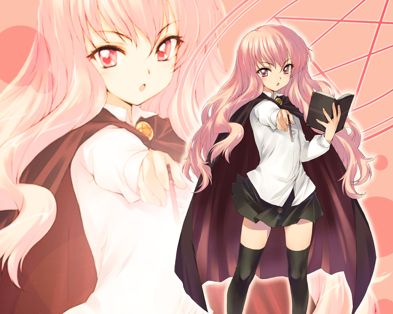 louise francoise le blanc de la valliere, zero no tsukaima, artist request, non-web source, 00s, 1girl, book, cape, female focus, pentacle, pink eyes, pink hair, solo, thighhighs, wand, zoom layer