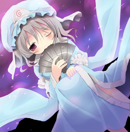 shiro (octet), saigyouji yuyuko, shiro, touhou, 1girl, female focus, gradient background, hand fan, hat, japanese clothes, solo