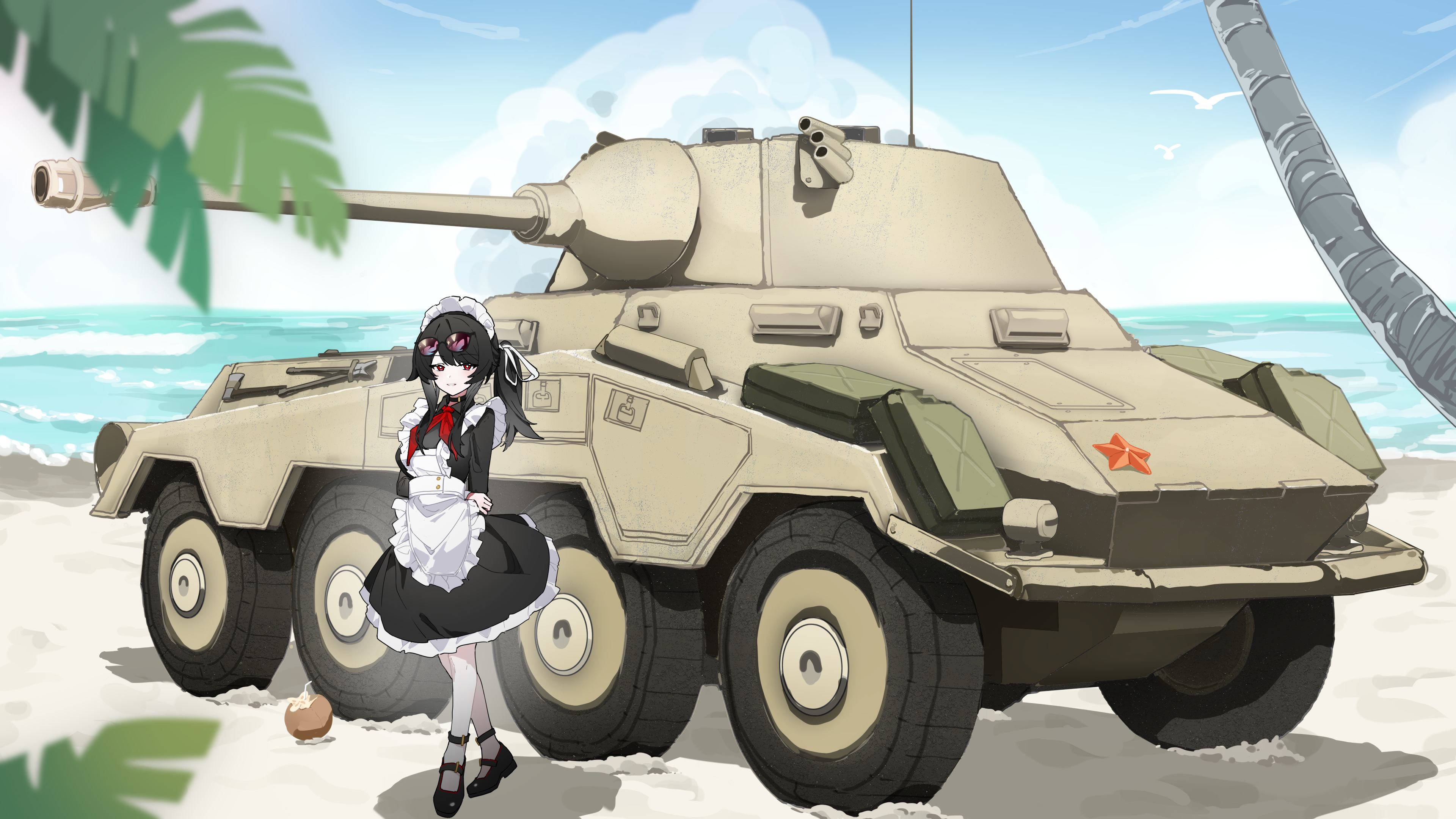 porcelainsphere, absurdres, chinese commentary, commentary request, highres, 1girl, apron, arms behind back, beach, black dress, black hair, black shoes, coconut, dress, eyewear on head, frilled apron, frilled dress, frills, grin, jerry can, long hair, looking at viewer, maid, maid headdress, maria (multi turret academy), military, military vehicle, motor vehicle, multi turret academy, neckerchief, ocean, official artist extra, outdoors, palm tree, ponytail, purple-tinted eyewear, red eyes, red neckerchief, sdkfz 234, shoes, sidelocks, smile, solo, standing, starfish, sunglasses, tinted eyewear, tree, vehicle focus, white apron