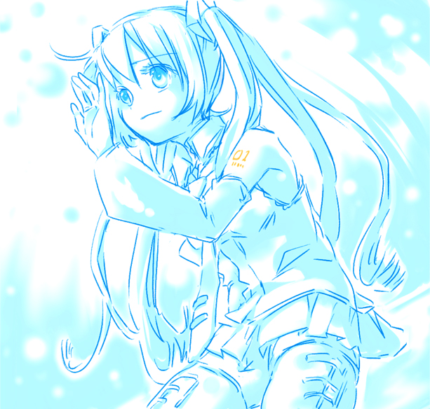 yamada ako, hatsune miku, vocaloid, 1girl, bare shoulders, blue theme, detached sleeves, female focus, long hair, monochrome, solo, spot color, tattoo, twintails