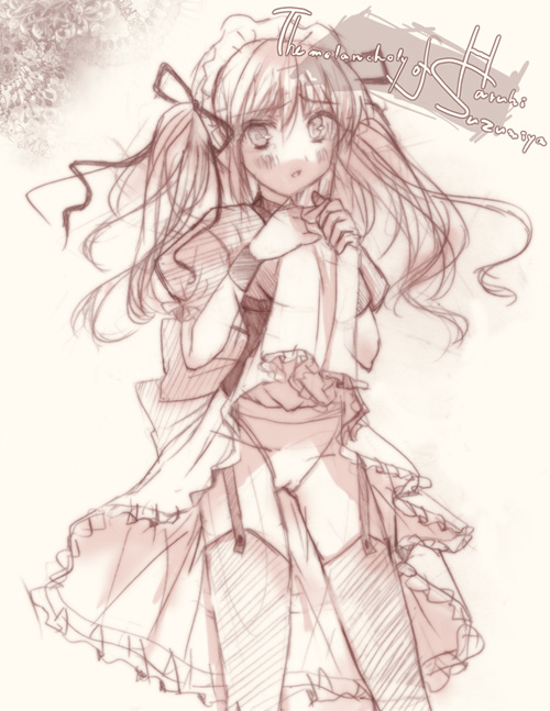 asahina mikuru, suzumiya haruhi no yuuutsu, 00s, clothes lift, monochrome, panties, sketch, skirt, skirt lift, solo, thighhighs, underwear