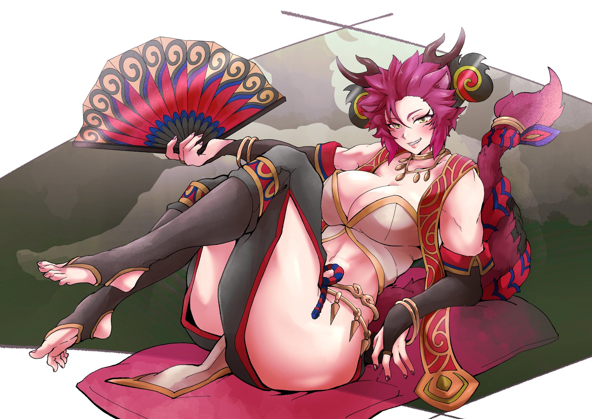 comic hand, yu-gi-oh!, character request, highres, 1girl, breasts, cleavage, collarbone, duel monster, eyelashes, full body, green eyes, hand fan, holding, holding fan, large breasts, purple hair, revealing clothes, solo, toeless legwear
