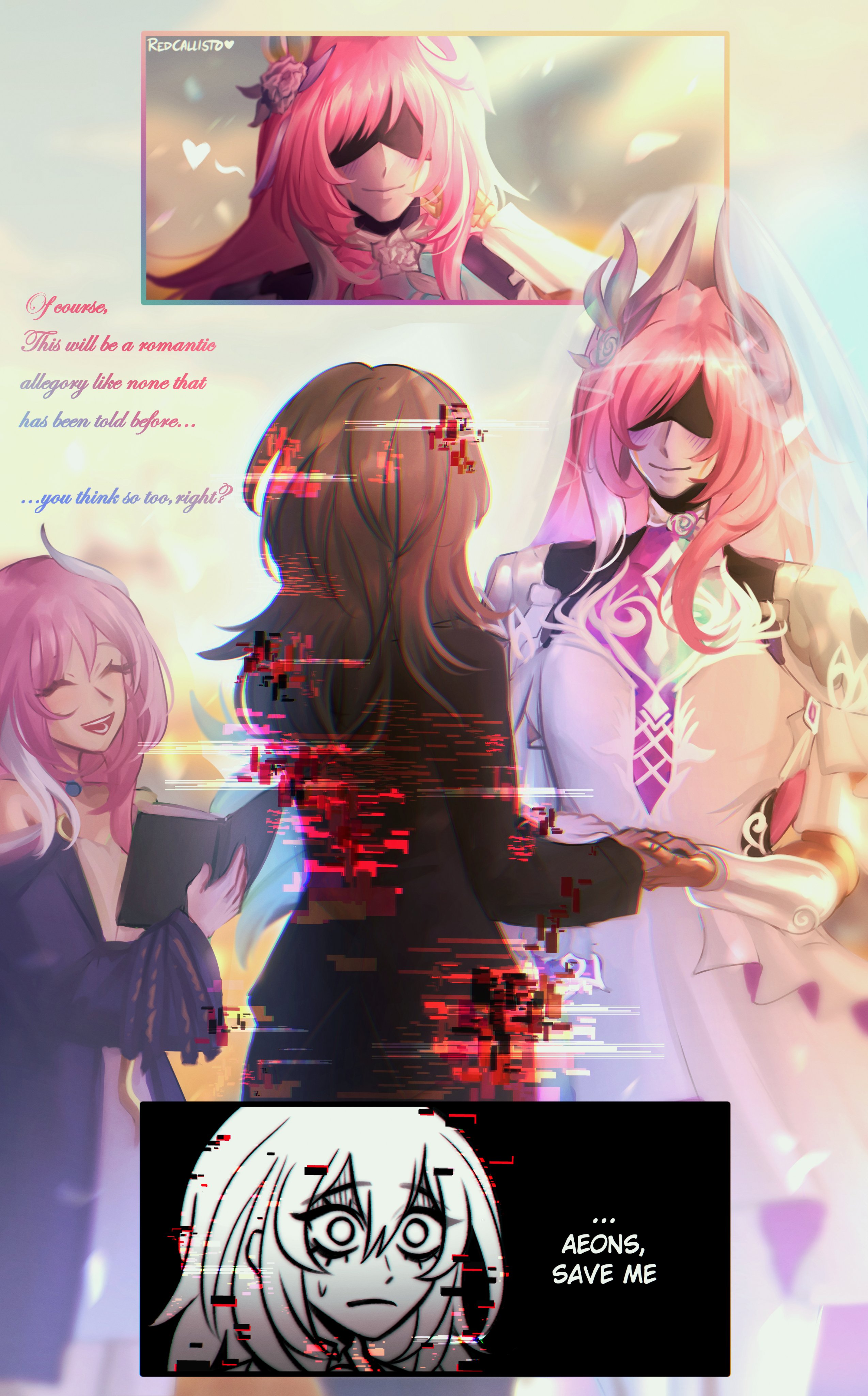 rubyredart, cyrene (honkai: star rail), cyrene (ripples of past reverie) (honkai: star rail), lygus (honkai: star rail), stelle (honkai: star rail), trailblazer (honkai: star rail), honkai: star rail, honkai (series), absurdres, commentary, english commentary, highres, 1boy, 2girls, artist name, bible (object), black coat, bridal veil, coat, cosplay, crossdressing, crossdressing (mtf), cyrene (aedes elysiae) (honkai: star rail), cyrene (honkai: star rail) (cosplay), dress, english text, glitch, grey hair, holding hands, long hair, multicolored hair, multiple girls, pink hair, purple coat, robot, short hair, smile, two-tone hair, veil, very long hair, wedding, white dress, white hair, wig